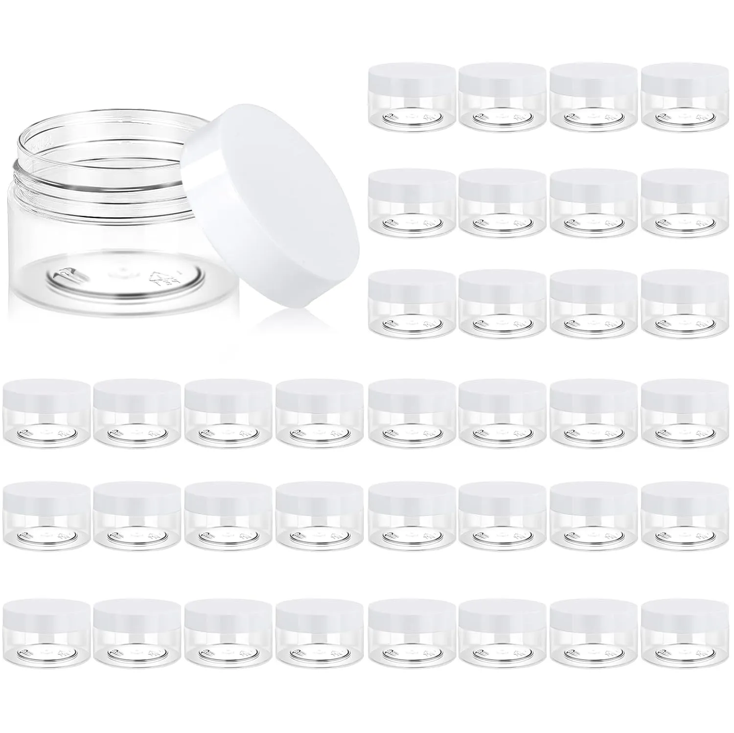 Eternal Moment 36 Pack 1 OZ Plastic Jars Round Clear Cosmetic Container Jars with White Lids, Perfect for Lotion, Slime，Cream, Ointments, Makeup, Eye Shadow, Samples, Pot, Travel Storage