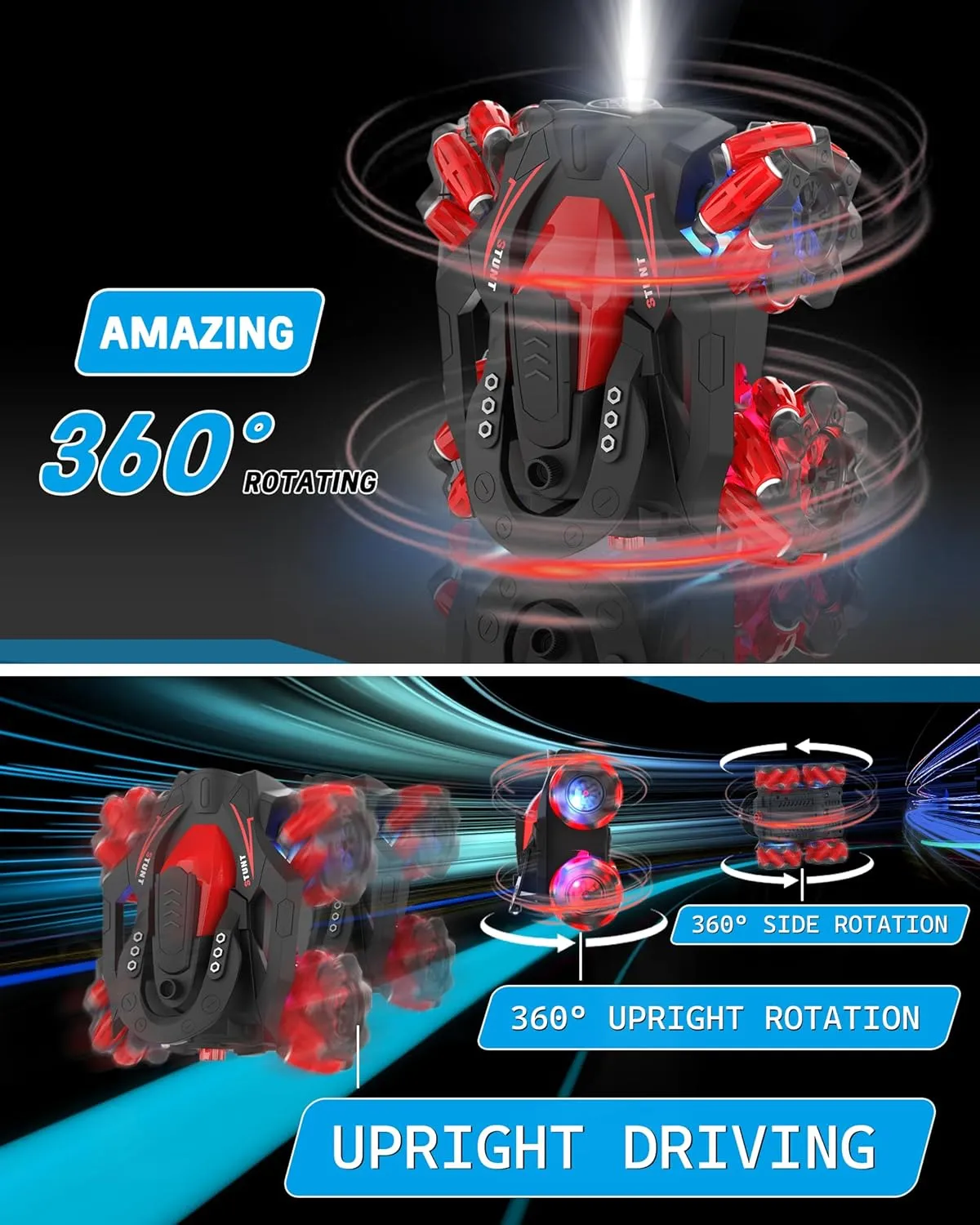 Eulogia Remote Control Car, RC Stunt Control Car 360° Upright & Side Rotating, 4WD All Terrain Truck with Two 1200mAh Rechargeable Batteries for 1.5H, Birthday Present for 5-12 Boys