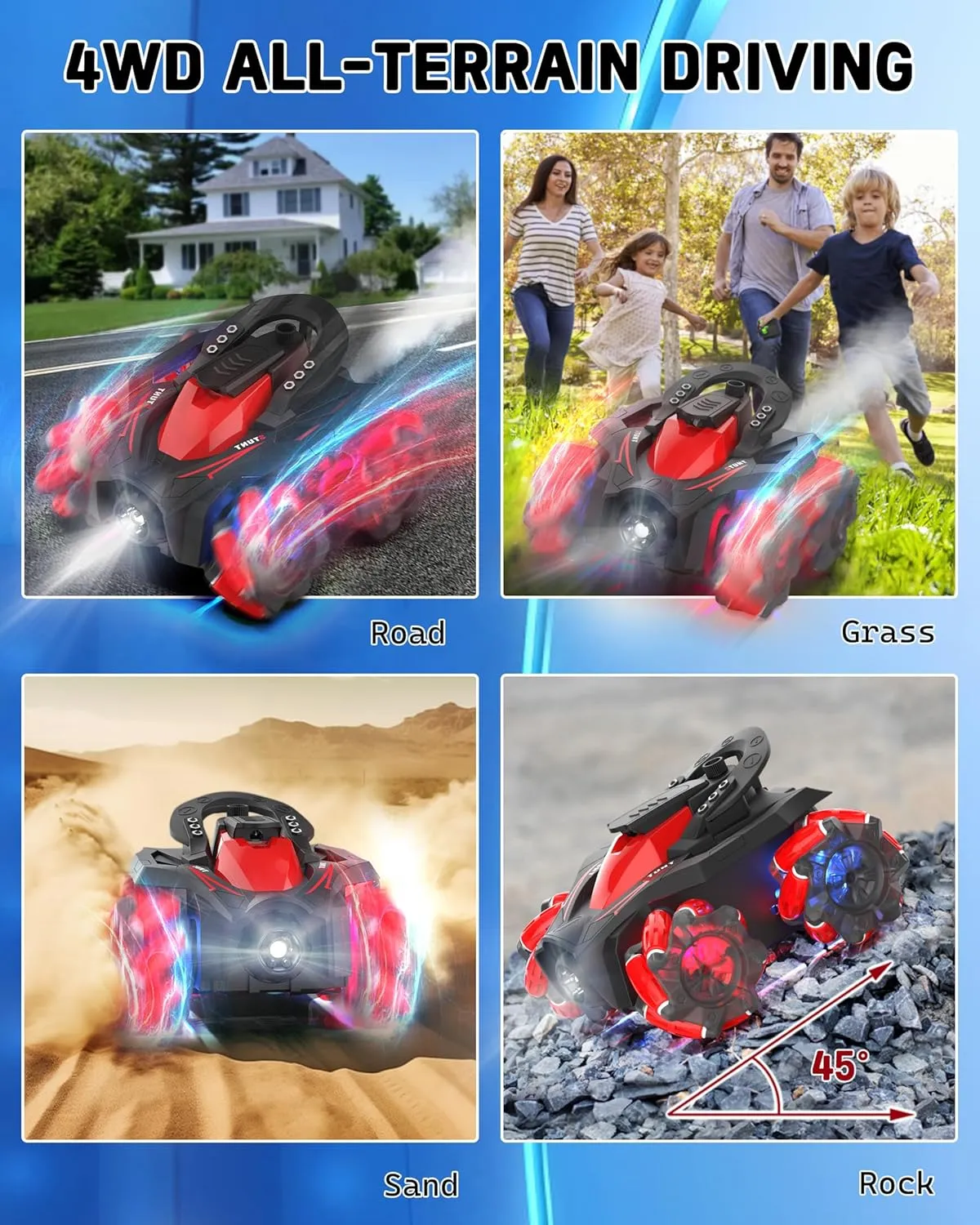 Eulogia Remote Control Car, RC Stunt Control Car 360° Upright & Side Rotating, 4WD All Terrain Truck with Two 1200mAh Rechargeable Batteries for 1.5H, Birthday Present for 5-12 Boys