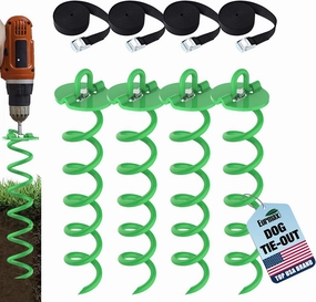 Eurmax USA 4-Pc Pack Spiral Stakes Heavy Duty Anchor Kit Ice Screw Anchor for Trampoline, Tents, tarps, Canopies,car Ports,Dog tie Out and etc Bonus Tie Down Straps 4-Pc Pack (Green)