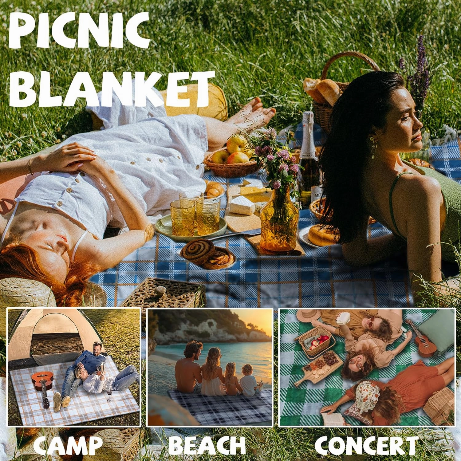 Extra Large Picnic Blankets Portable 80x80 Oversized Waterproof Sandproof Outdoor Beach Blanket Camping Grass Mat XXL Tent Music Festival Essential Road Trip Car Rv Accessories Pet Garden Must Have