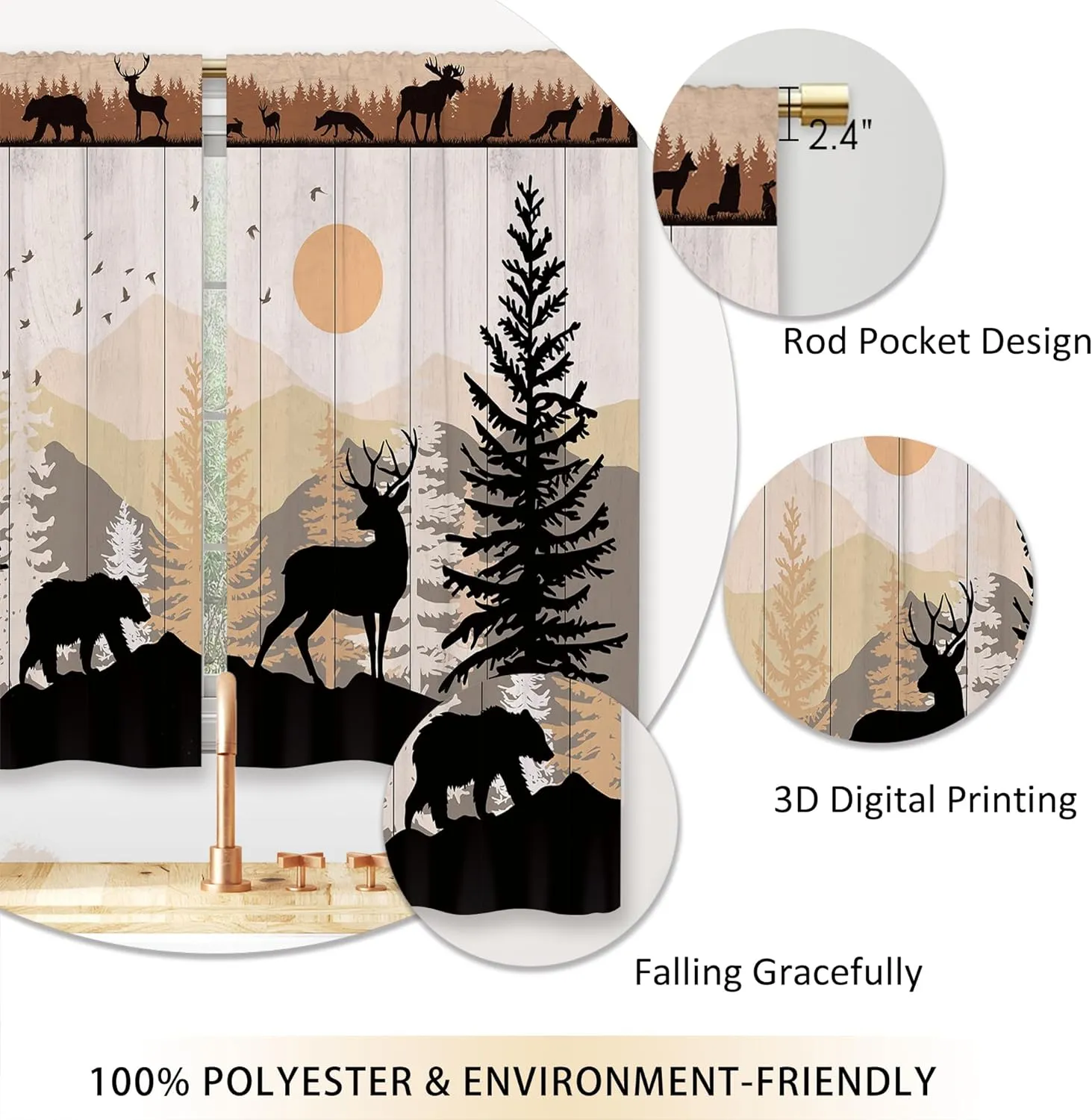Farmhouse Forest Cabin Kitchen Curtains Rustic Wooden Small Short Cafe Window Curtains Tree Country Deer Bear Rod Pocket Bathroom Window Drapes Treatment Tier Curtains 2 Panels (26x24 Inch)
