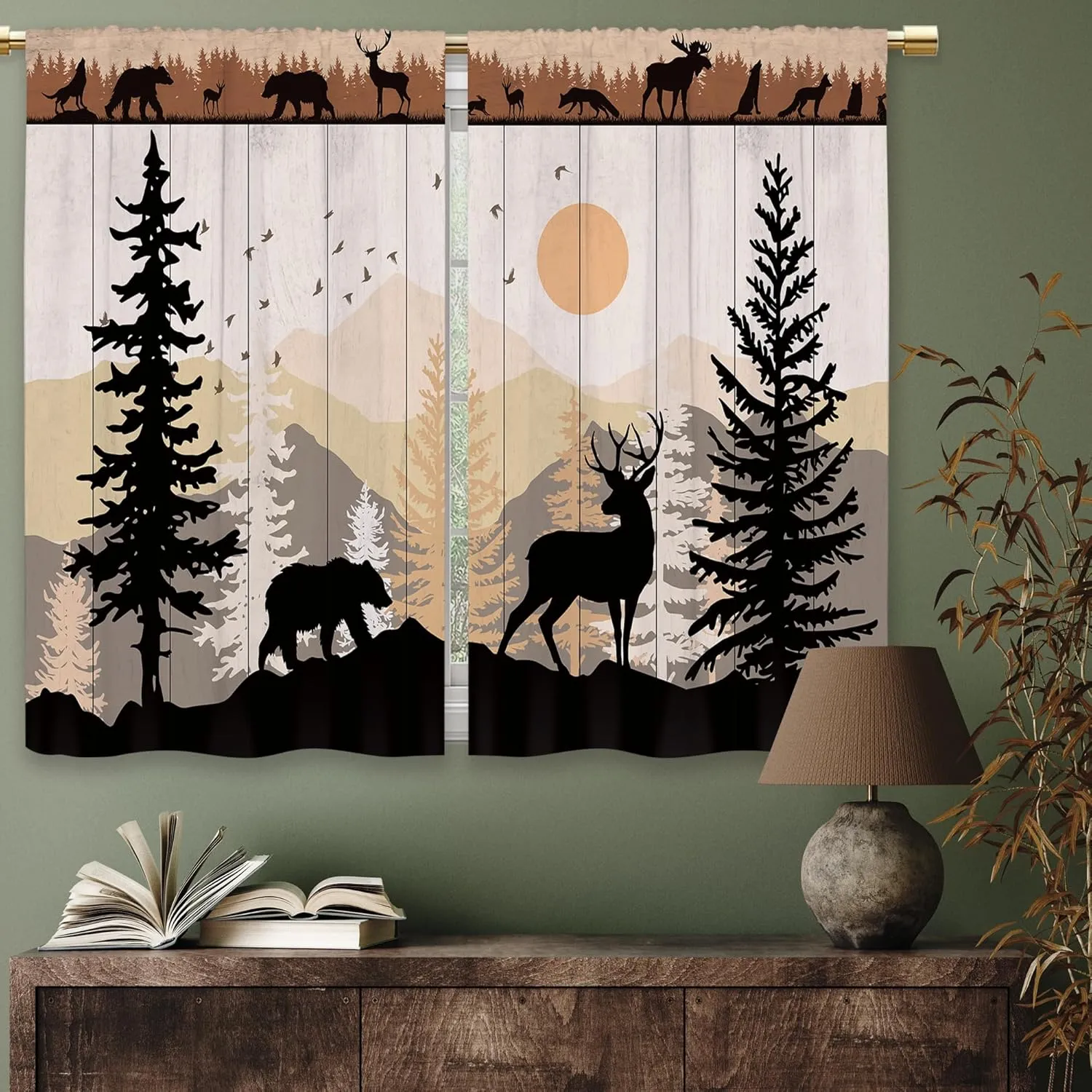 Farmhouse Forest Cabin Kitchen Curtains Rustic Wooden Small Short Cafe Window Curtains Tree Country Deer Bear Rod Pocket Bathroom Window Drapes Treatment Tier Curtains 2 Panels (26x24 Inch)