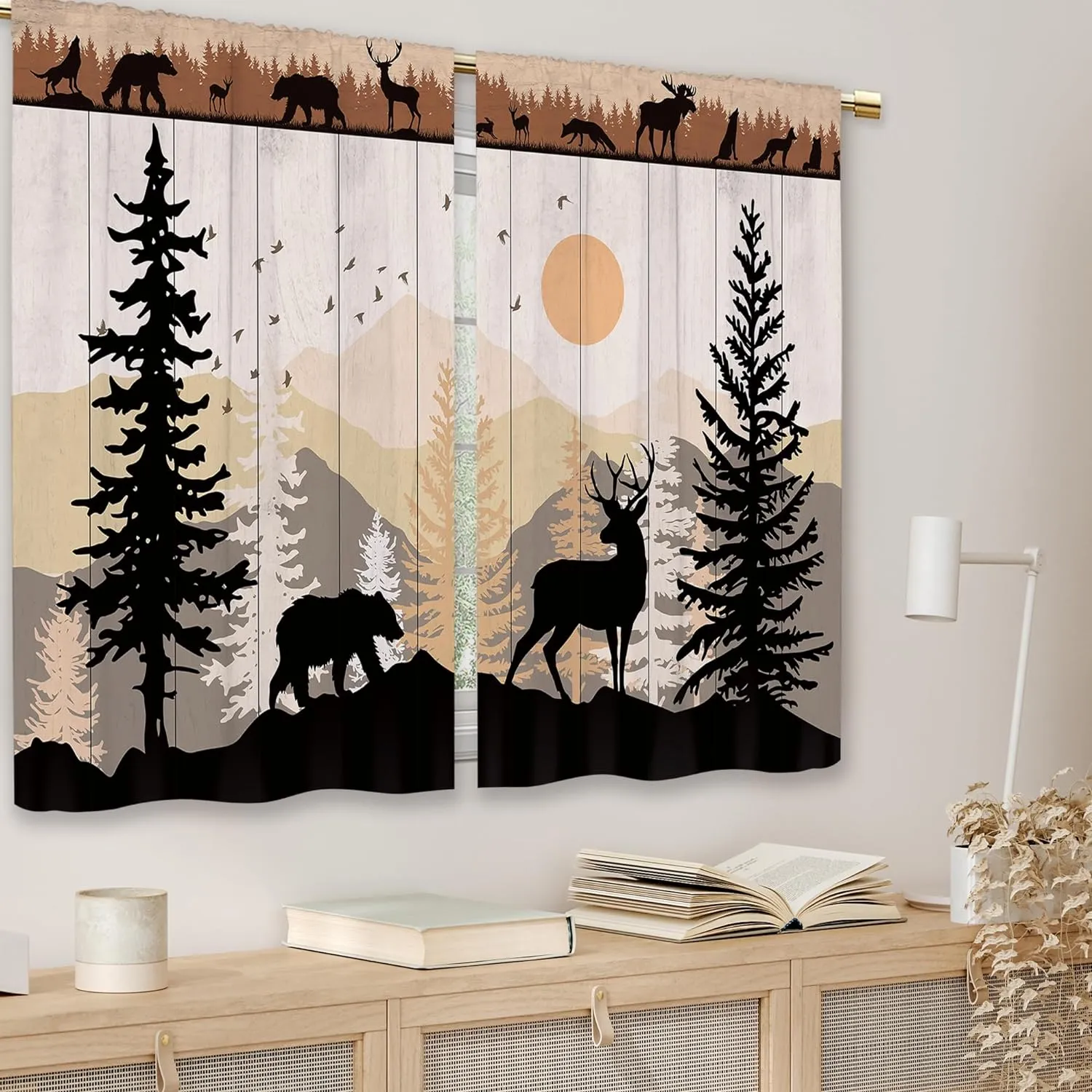 Farmhouse Forest Cabin Kitchen Curtains Rustic Wooden Small Short Cafe Window Curtains Tree Country Deer Bear Rod Pocket Bathroom Window Drapes Treatment Tier Curtains 2 Panels (26x24 Inch)