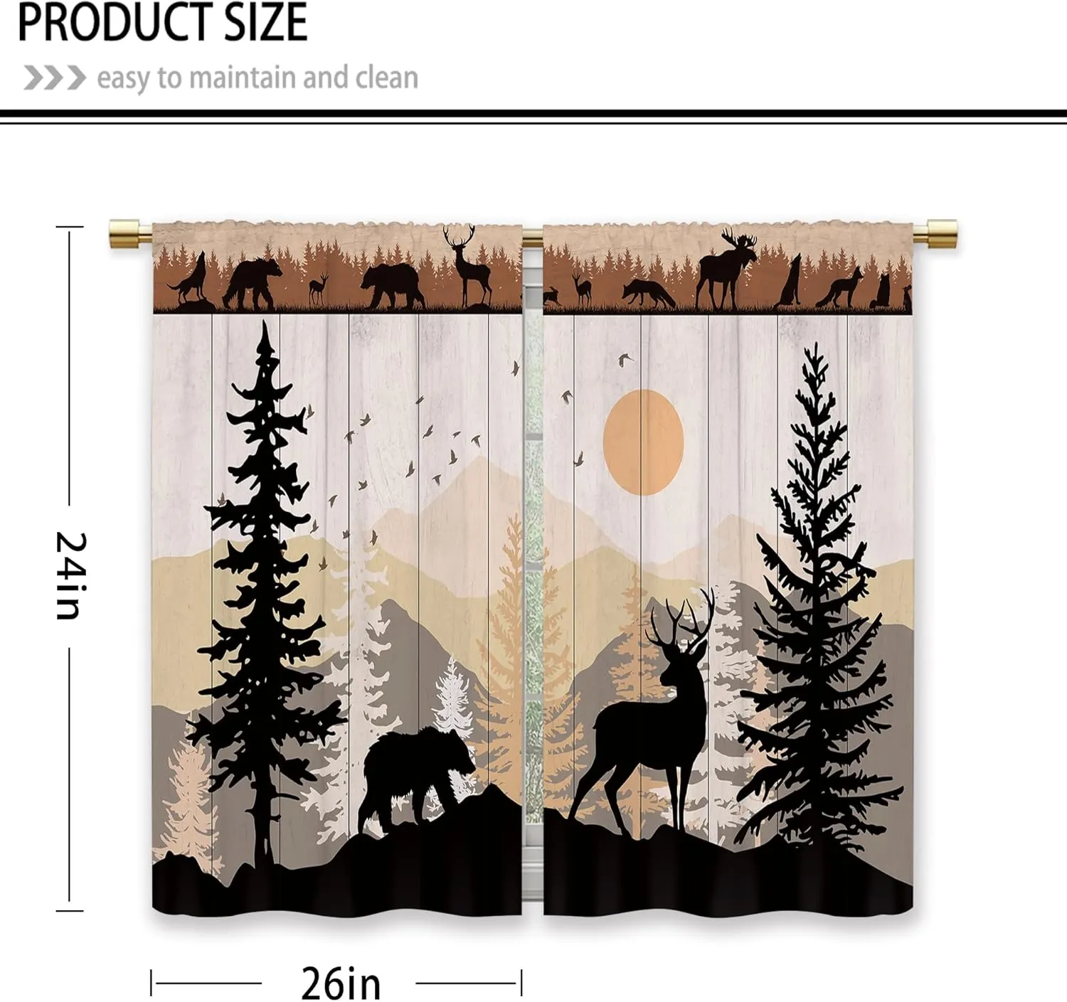 Farmhouse Forest Cabin Kitchen Curtains Rustic Wooden Small Short Cafe Window Curtains Tree Country Deer Bear Rod Pocket Bathroom Window Drapes Treatment Tier Curtains 2 Panels (26x24 Inch)