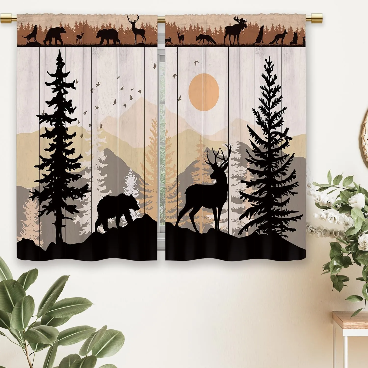 Farmhouse Forest Cabin Kitchen Curtains Rustic Wooden Small Short Cafe Window Curtains Tree Country Deer Bear Rod Pocket Bathroom Window Drapes Treatment Tier Curtains 2 Panels (26x24 Inch)
