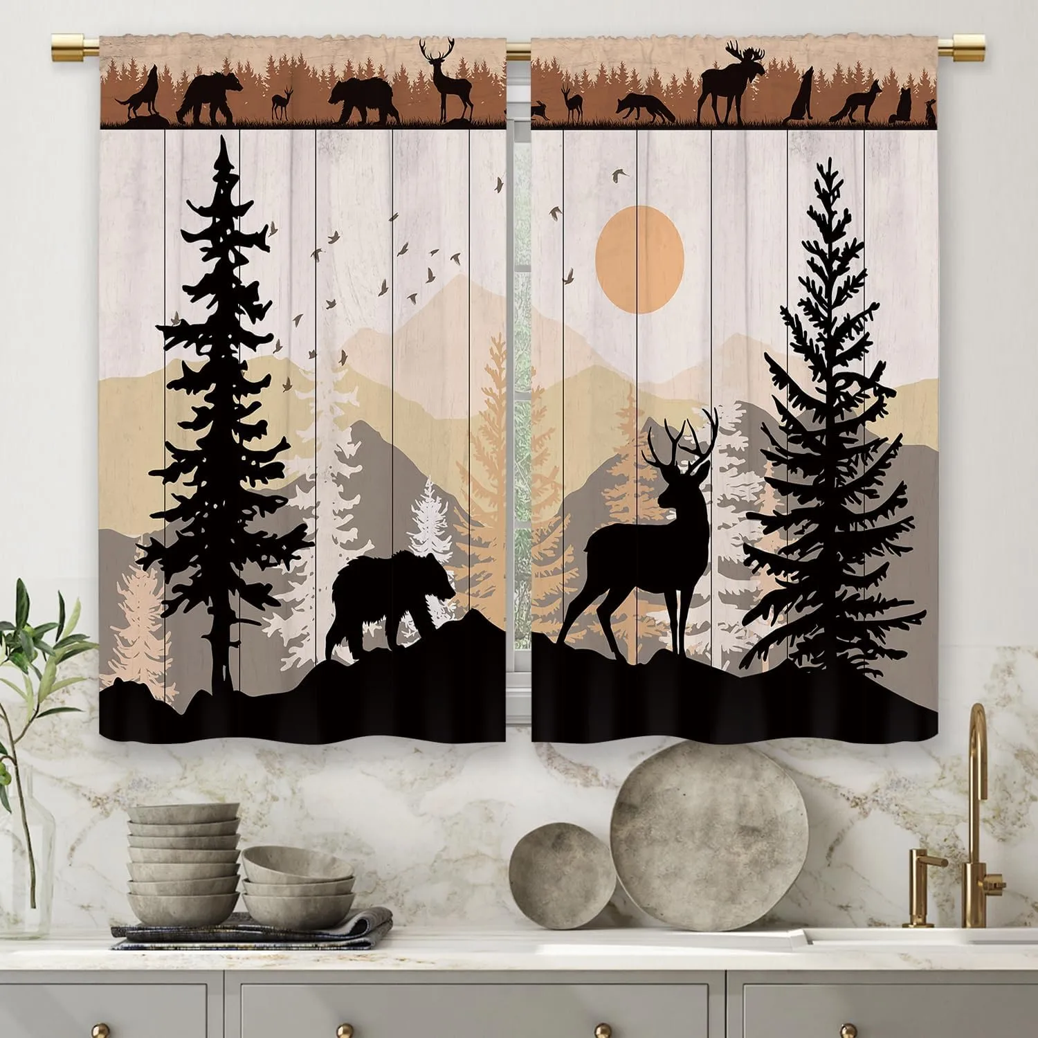 Farmhouse Forest Cabin Kitchen Curtains Rustic Wooden Small Short Cafe Window Curtains Tree Country Deer Bear Rod Pocket Bathroom Window Drapes Treatment Tier Curtains 2 Panels (26x24 Inch)