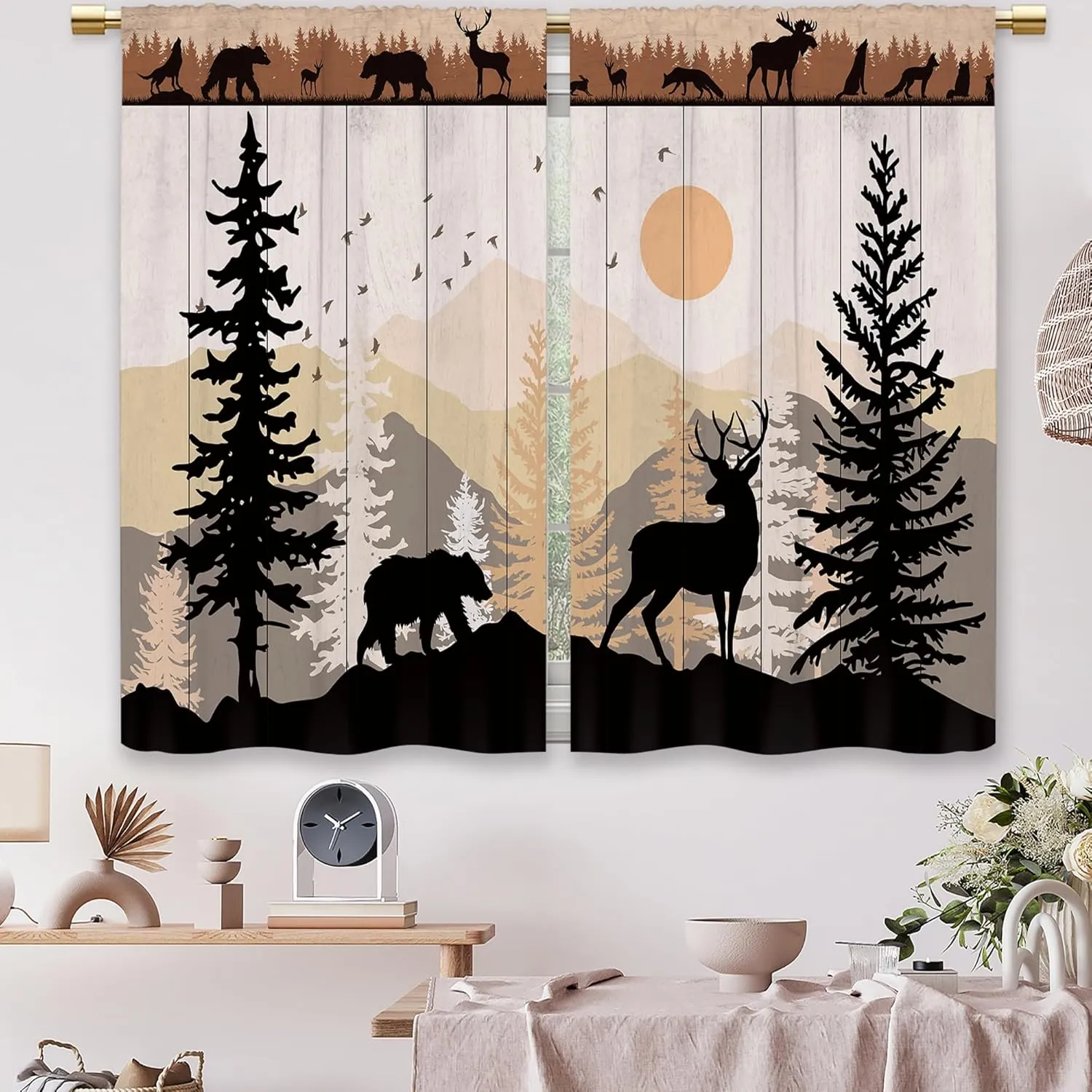 Farmhouse Forest Cabin Kitchen Curtains Rustic Wooden Small Short Cafe Window Curtains Tree Country Deer Bear Rod Pocket Bathroom Window Drapes Treatment Tier Curtains 2 Panels (26x24 Inch)