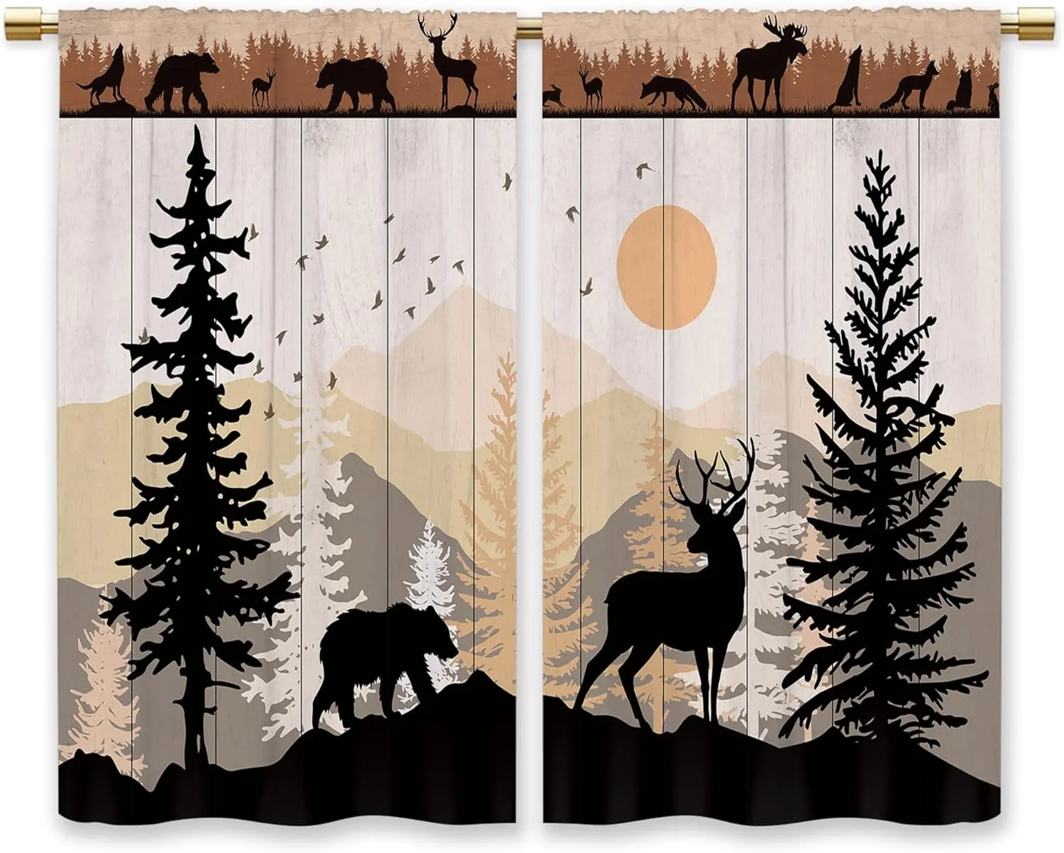 Farmhouse Forest Cabin Kitchen Curtains Rustic Wooden Small Short Cafe Window Curtains Tree Country Deer Bear Rod Pocket Bathroom Window Drapes Treatment Tier Curtains 2 Panels (26x24 Inch)