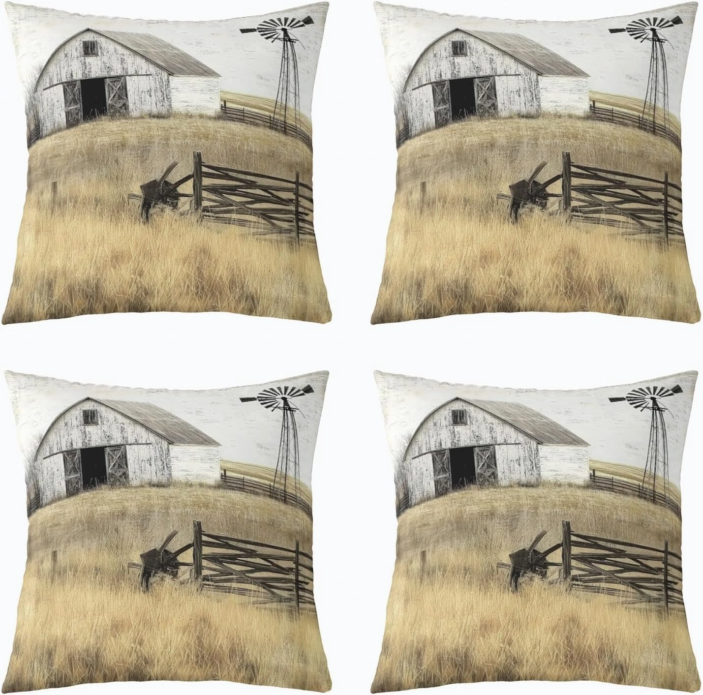 Farmhouse Pack of 4 Throw Pillow Covers 20x20 Inch Rustic Barn Pillow Covers for Kids Adults Country Landscape Windmill Horizontal Cushion Covers Countryside Rural Nature Cene Cushion Cases