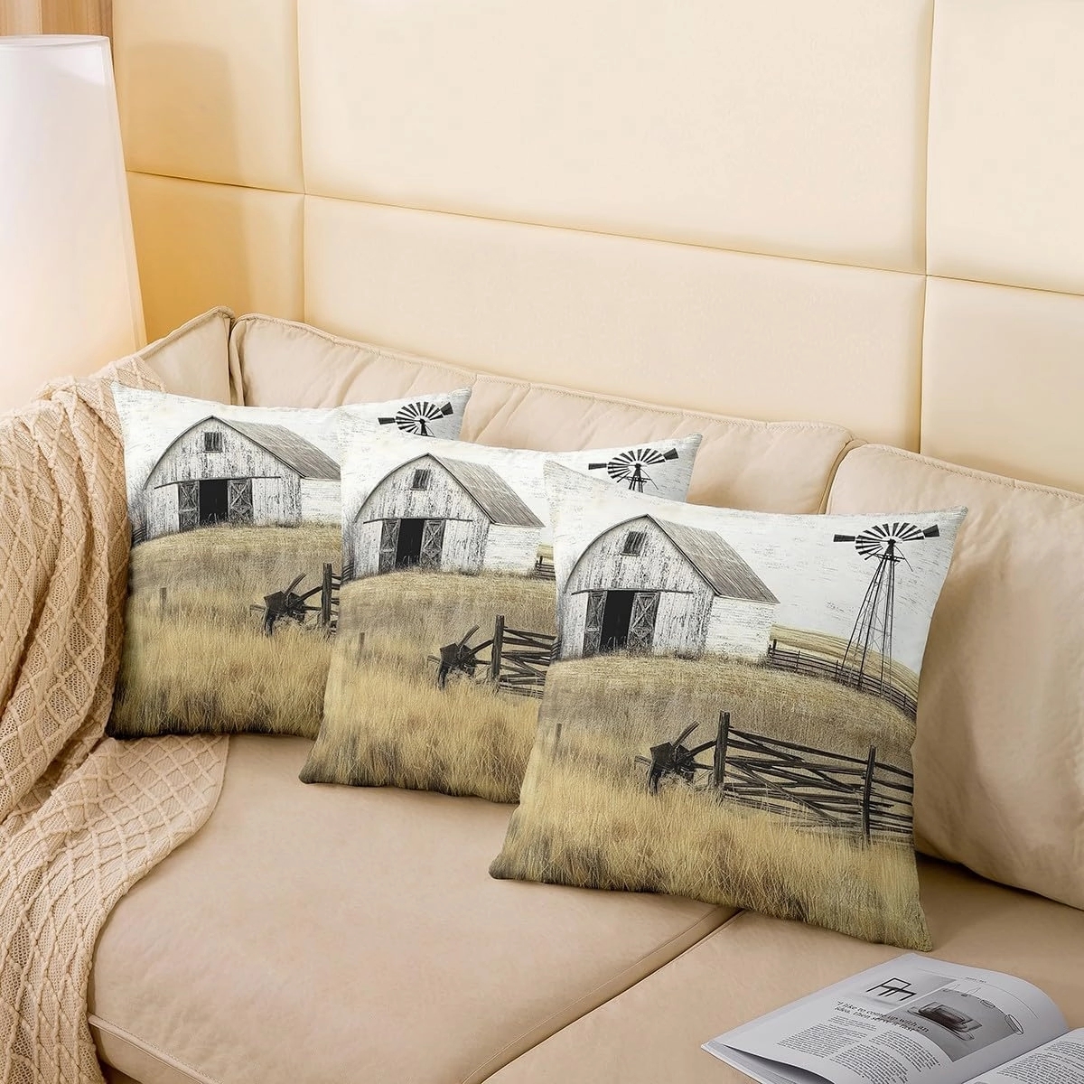 Farmhouse Pack of 4 Throw Pillow Covers 20x20 Inch Rustic Barn Pillow Covers for Kids Adults Country Landscape Windmill Horizontal Cushion Covers Countryside Rural Nature Cene Cushion Cases