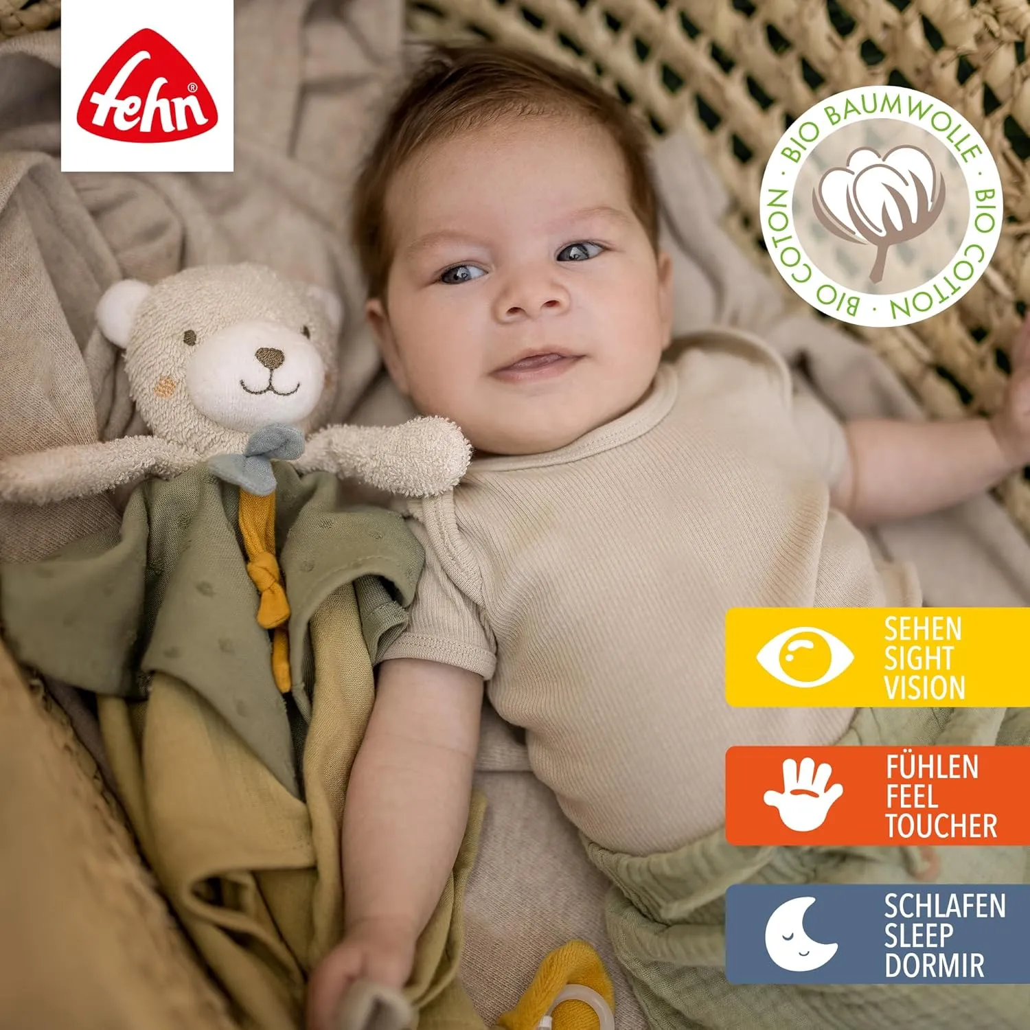 fehnNATUR cuddly bear with dummy attachment for babies and toddlers from 0  months