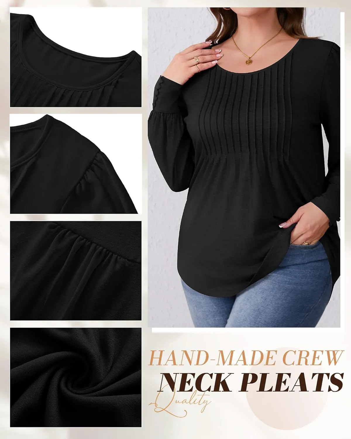 Ficerd Women's Plus Size Puff Long Sleeve Tops Pleated Crew Neck Tunic Shirts Dressy Loose Blouses T-Shirts 1X-5X