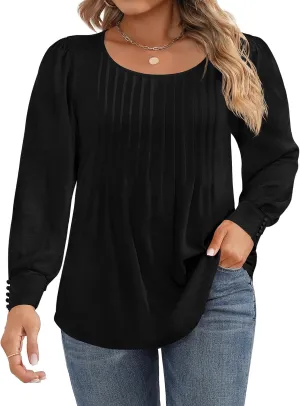 Ficerd Women's Plus Size Puff Long Sleeve Tops Pleated Crew Neck Tunic Shirts Dressy Loose Blouses T-Shirts 1X-5X