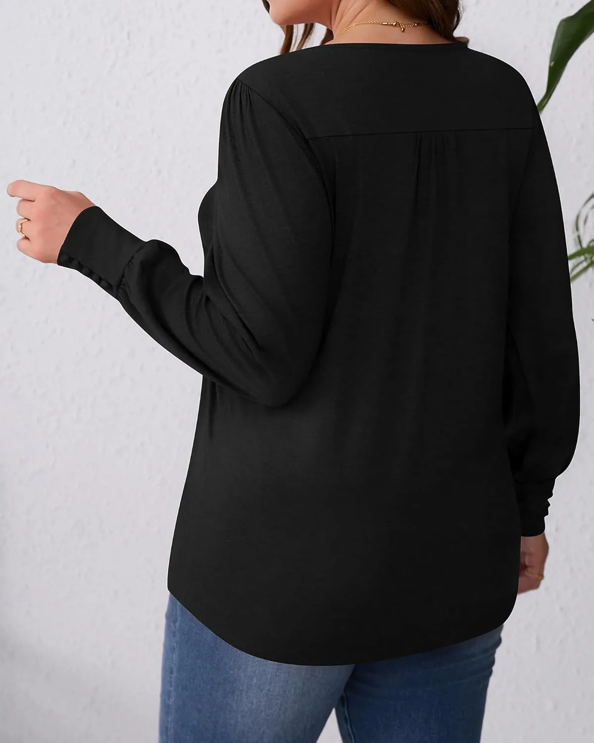 Ficerd Women's Plus Size Puff Long Sleeve Tops Pleated Crew Neck Tunic Shirts Dressy Loose Blouses T-Shirts 1X-5X