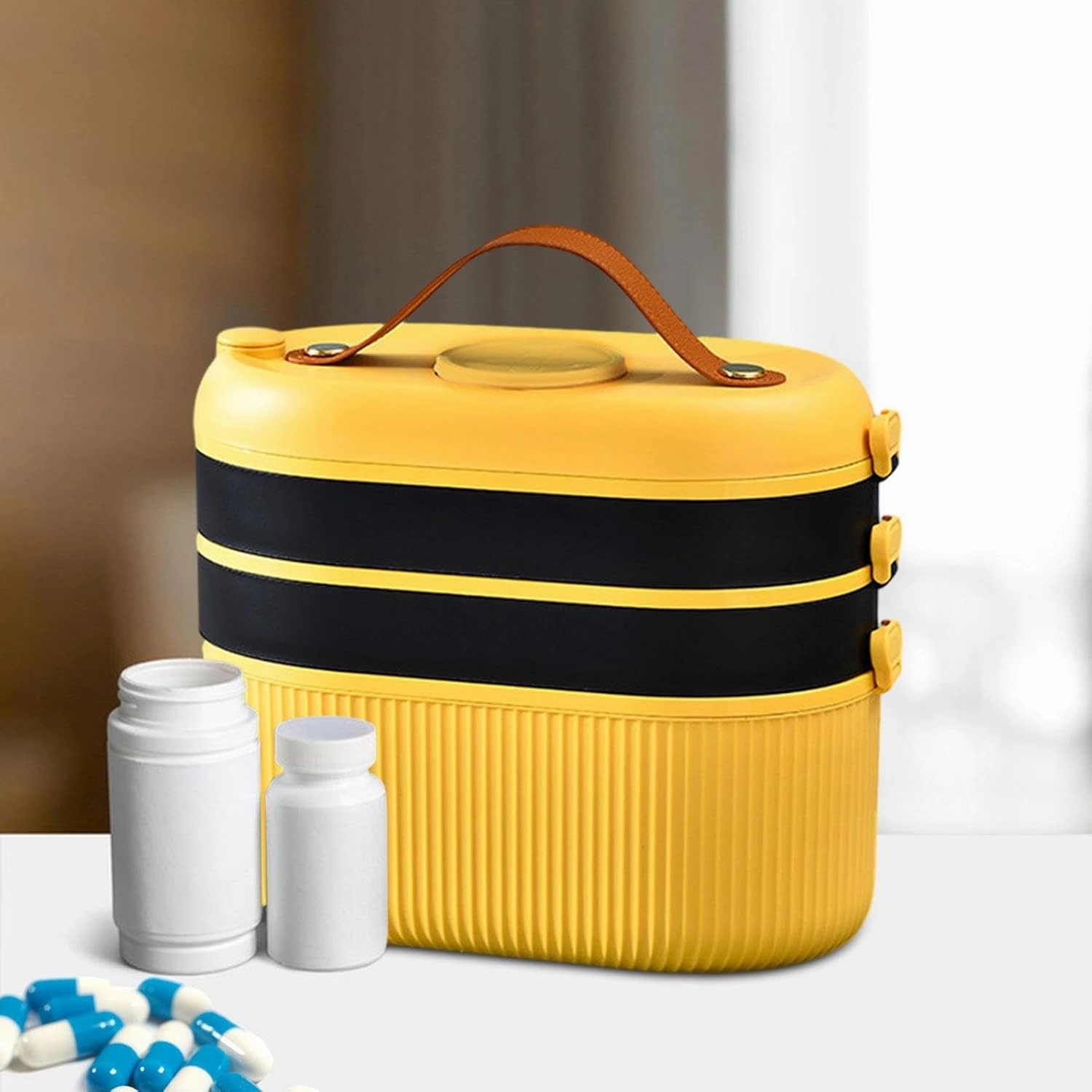 First Aid Storage Box with Rotating Handle for Various Uses, Yellow, as described