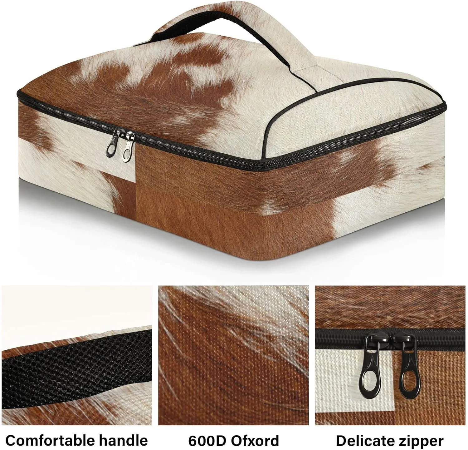 Fragment of a Skin of a Cow Brown White Mixed Color Real Cow Skin Insulated Casserole Dish Carrier Bag 9x13 with Lid, Warmer Portable Tote for Hot or Cold Food Picnic Party Potluck Beach