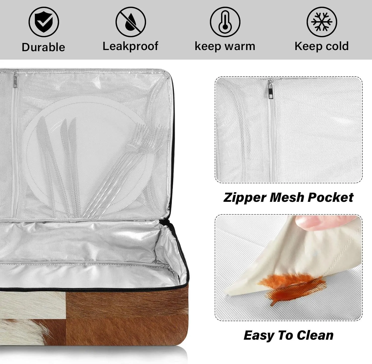 Fragment of a Skin of a Cow Brown White Mixed Color Real Cow Skin Insulated Casserole Dish Carrier Bag 9x13 with Lid, Warmer Portable Tote for Hot or Cold Food Picnic Party Potluck Beach