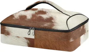 Fragment of a Skin of a Cow Brown White Mixed Color Real Cow Skin Insulated Casserole Dish Carrier Bag 9x13 with Lid, Warmer Portable Tote for Hot or Cold Food Picnic Party Potluck Beach