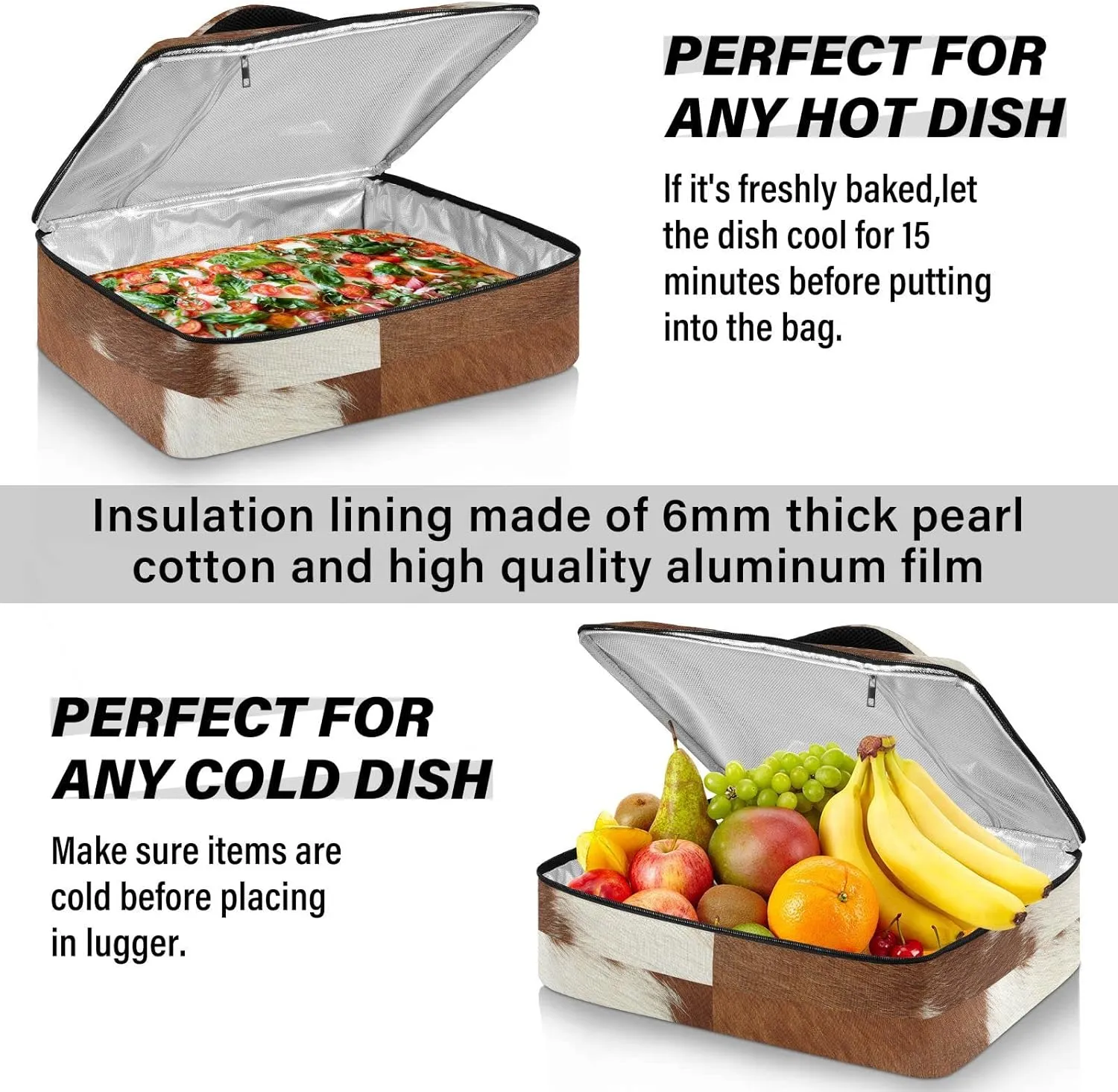 Fragment of a Skin of a Cow Brown White Mixed Color Real Cow Skin Insulated Casserole Dish Carrier Bag 9x13 with Lid, Warmer Portable Tote for Hot or Cold Food Picnic Party Potluck Beach