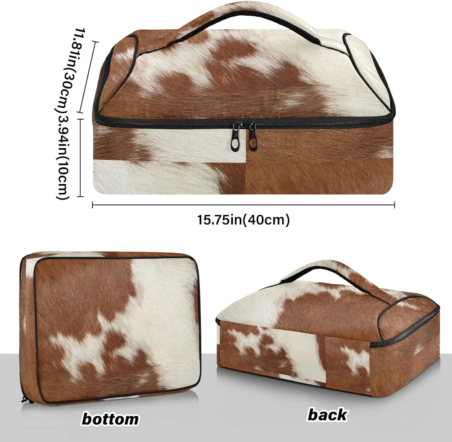 Fragment of a Skin of a Cow Brown White Mixed Color Real Cow Skin Insulated Casserole Dish Carrier Bag 9x13 with Lid, Warmer Portable Tote for Hot or Cold Food Picnic Party Potluck Beach