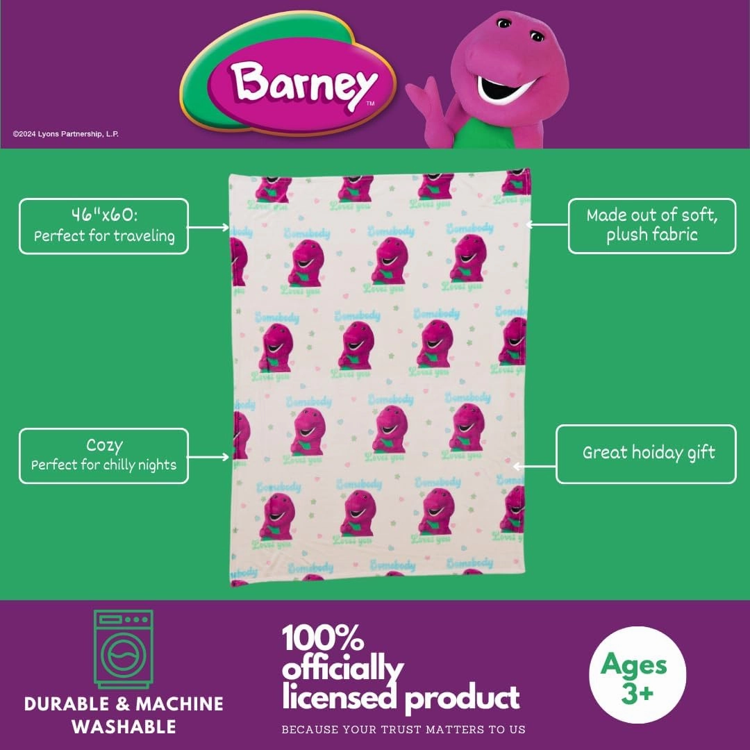 Franco Collectibles Barney Valentine's Day Heart Retro Bedding Super Soft Cozy Plush Throw, 46 in x 60 in, (Officially Licensed Product)