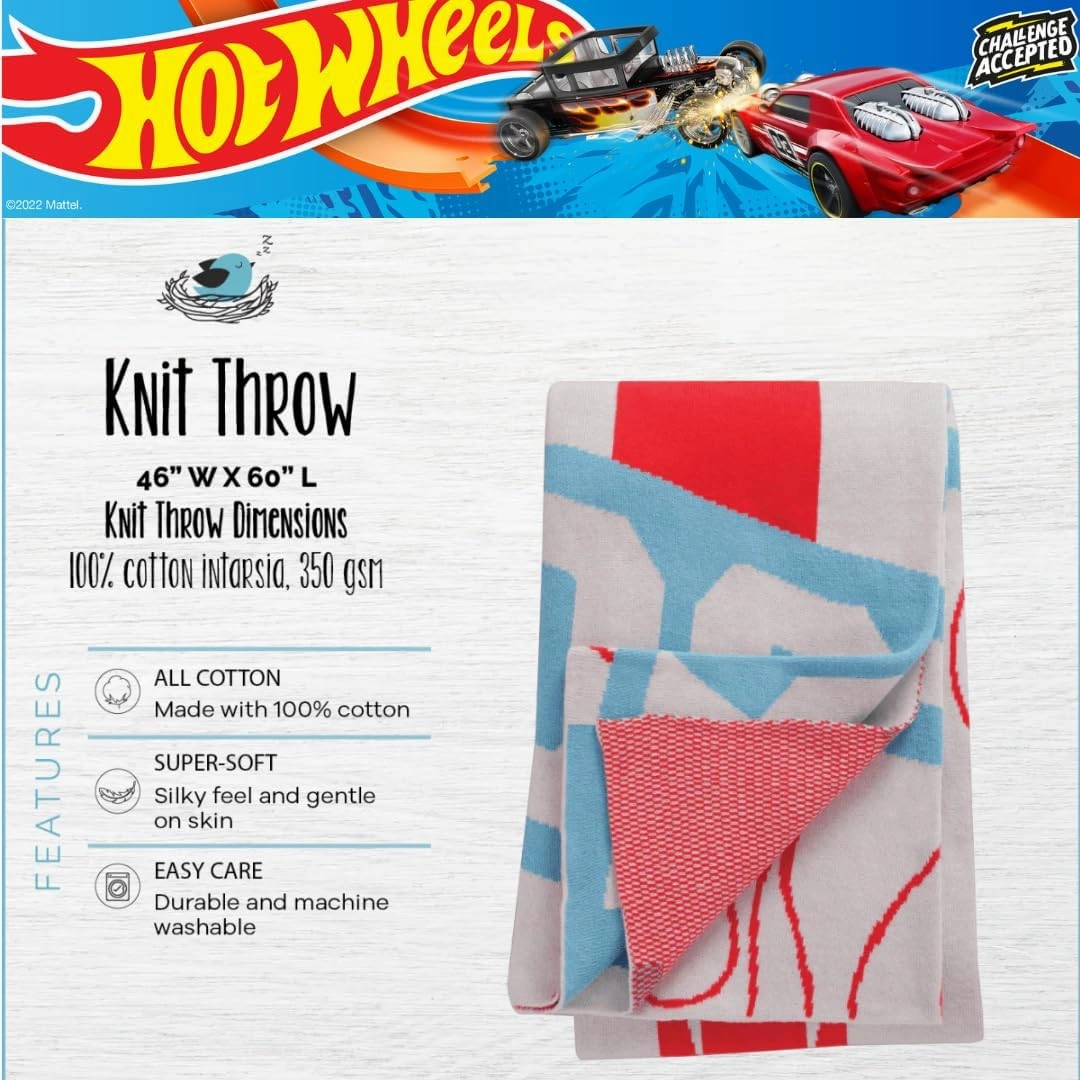 Franco Hot Wheels Super Soft Cozy 100% Cotton Knit Blanket Throw, 46 in x 60 in, (Officially Licensed Product)