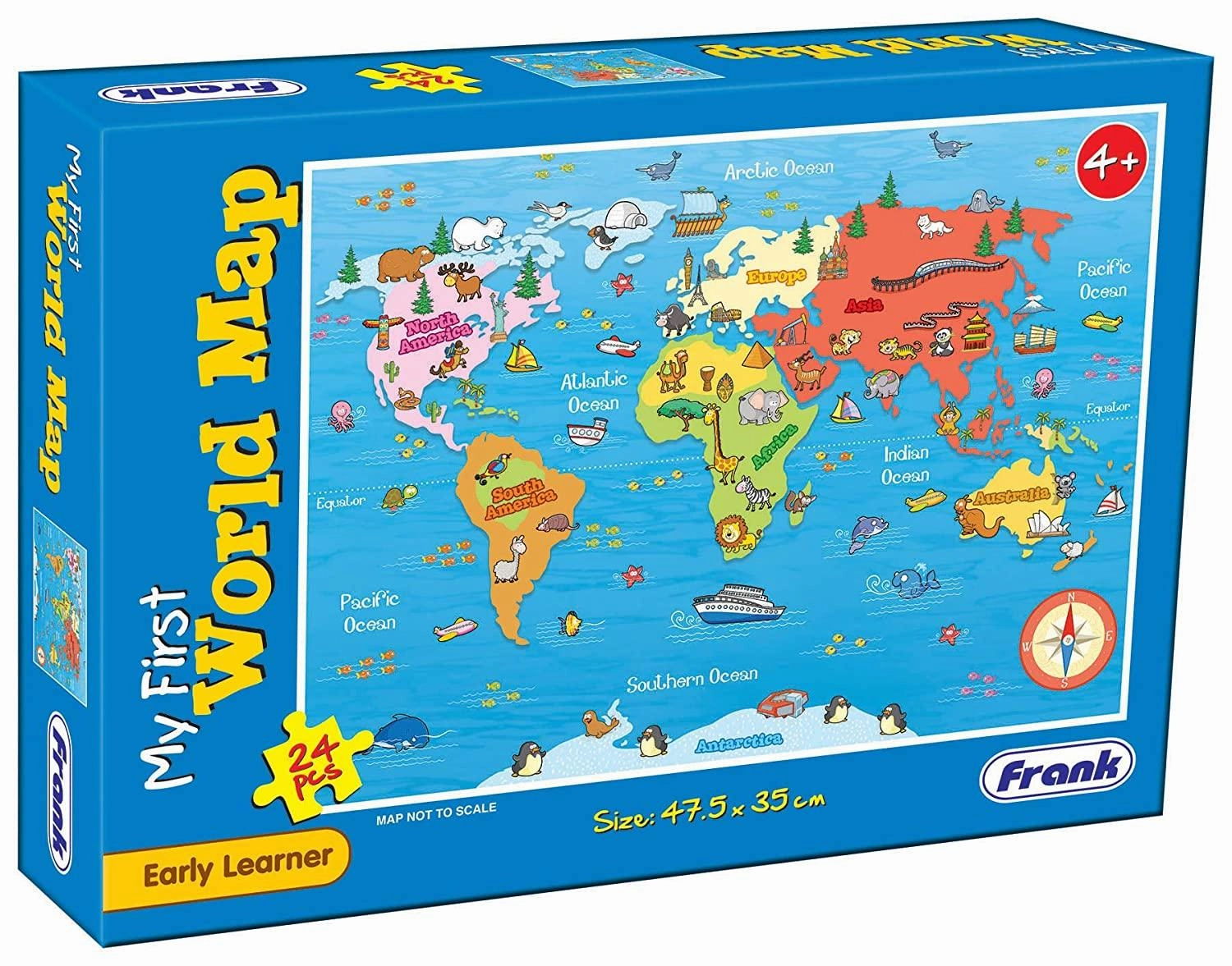 Frank My First World Map Puzzle - Early Learner Large Educational Jigsaw Puzzle with Continents, Oceans, Animals for Ages 4 & Above
