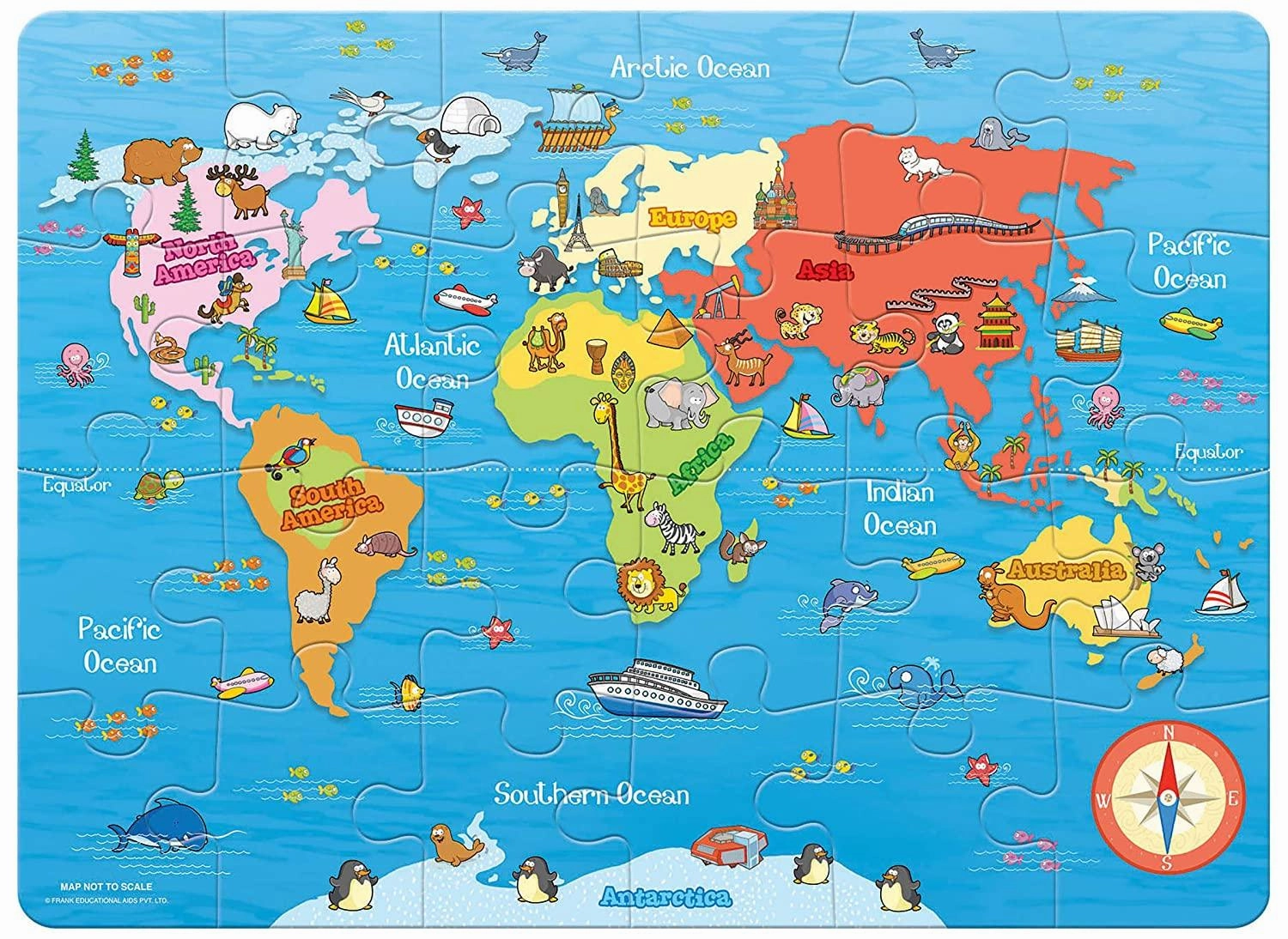 Frank My First World Map Puzzle - Early Learner Large Educational Jigsaw Puzzle with Continents, Oceans, Animals for Ages 4 & Above