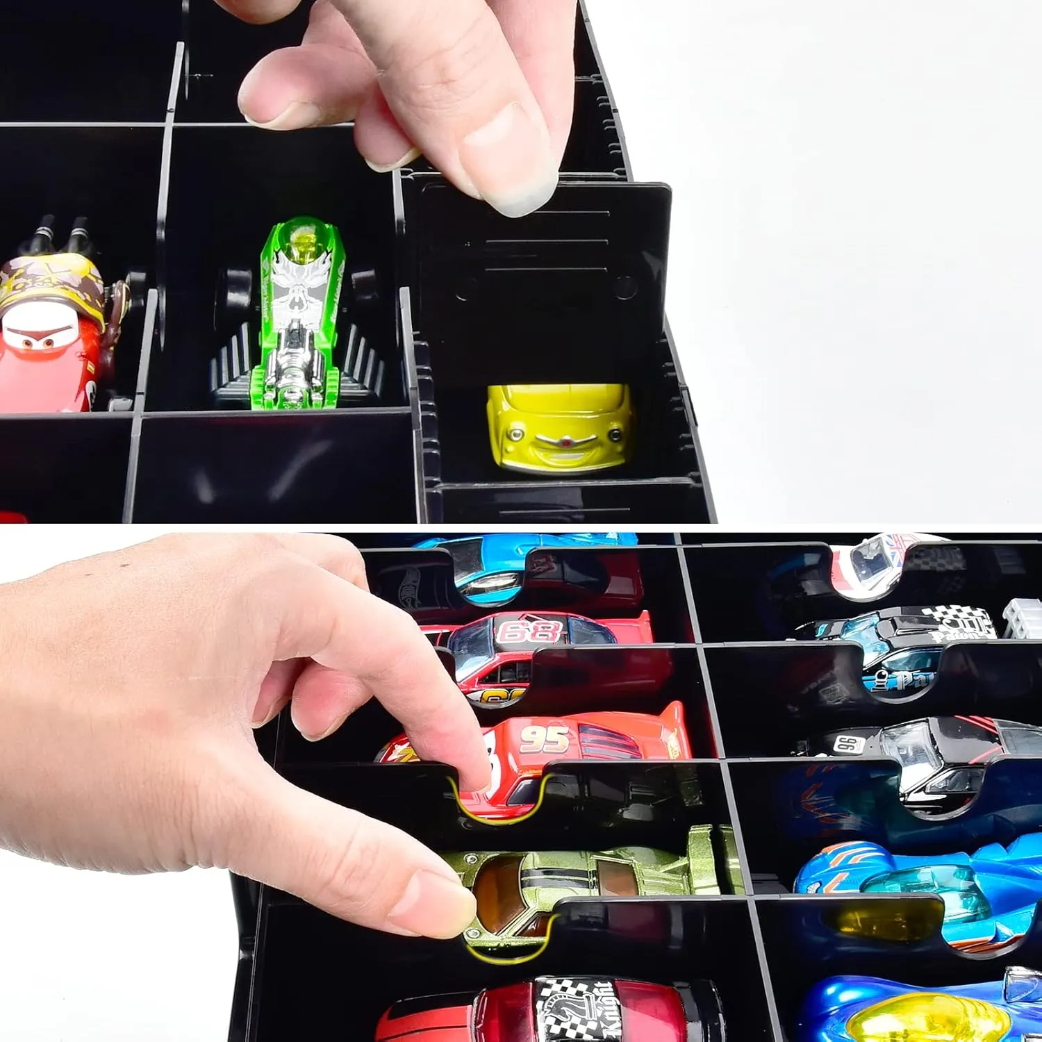 FULLCASE Toys Organizer Storage Compatible with Hot Wheels Car, Container for Matchbox Cars, Mini Toy, Small Dolls, Double Sided Carrying Box for Hotwheels - 48 Compartments (Case Only) Black