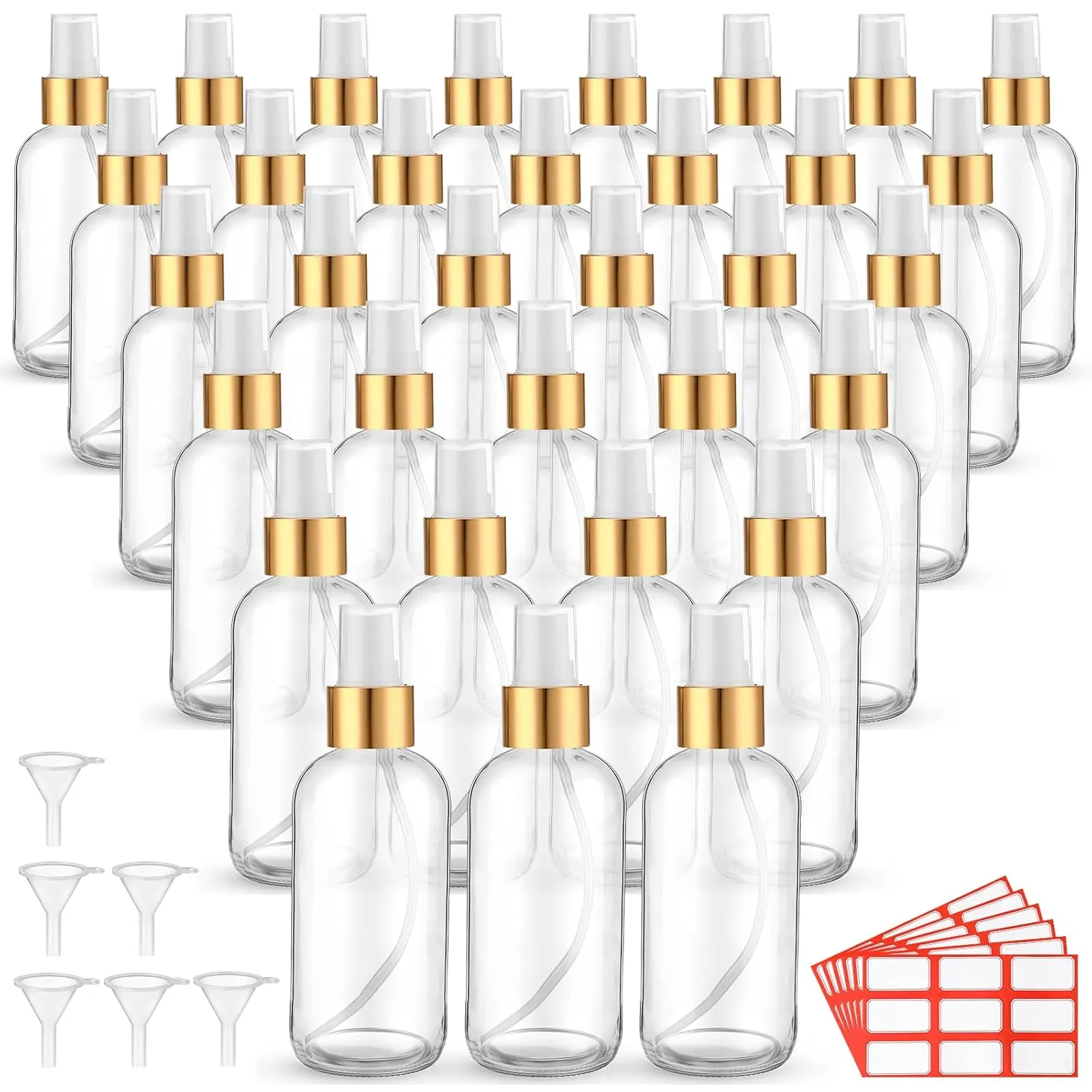 Fumete 36 Pcs Glass Spray Bottles 4oz Fine Mist Glass Spray Bottle Refillable Liquid Containers with 6 Labels 6 Funnel for Hair Travel Plants Cleaning Solutions Skin Care(Clear,Simple)