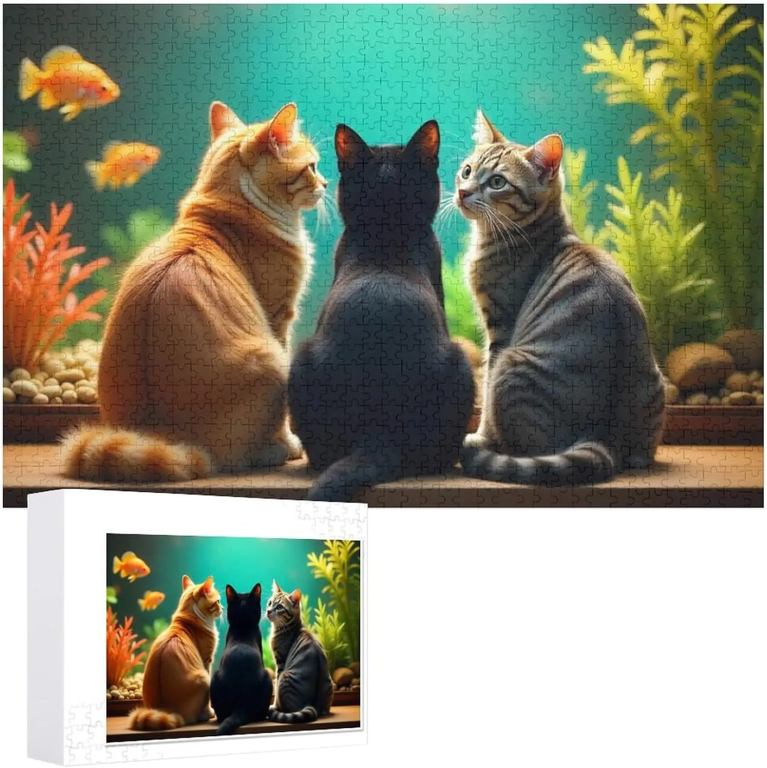 Funny Cat and Fish Jigsaw Puzzle for Adults and Kids Challenging Puzzle for Game Nights 1000 Piece Puzzles Gift for Family Wedding Graduation Friends