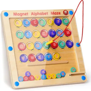 GAMENOTE Magnetic Alphabet Maze Board with 4 Activity Cards, Wooden Matching Letter Game Montessori Toys for Preschool Kingdergarten - Fine Motor Skills Toys ABC Recognition Color Sorting Puzzle