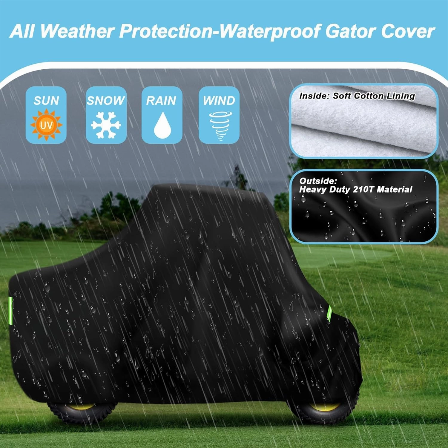 Gator Cover Waterproof for John Deere Gator HPX615E/HPX815E with OPS/Cab, 210T Sun Rain UV Dust Snow All Weather Protection Heavy Duty Gator Full Size Cover with Windproof Straps & Cotton Lining-Black