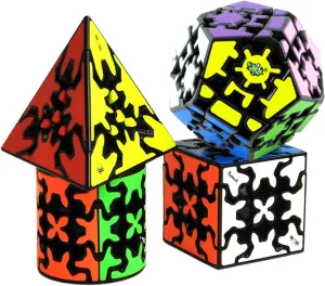 Gear Cube Set, Gear Speed Cube Set of 3x3 Gear Cube Cylindrical Gear Cube Megaminx Gear Cube and Pyraminx Gear Cube Brain Teasers Puzzle Toys 4 Pack