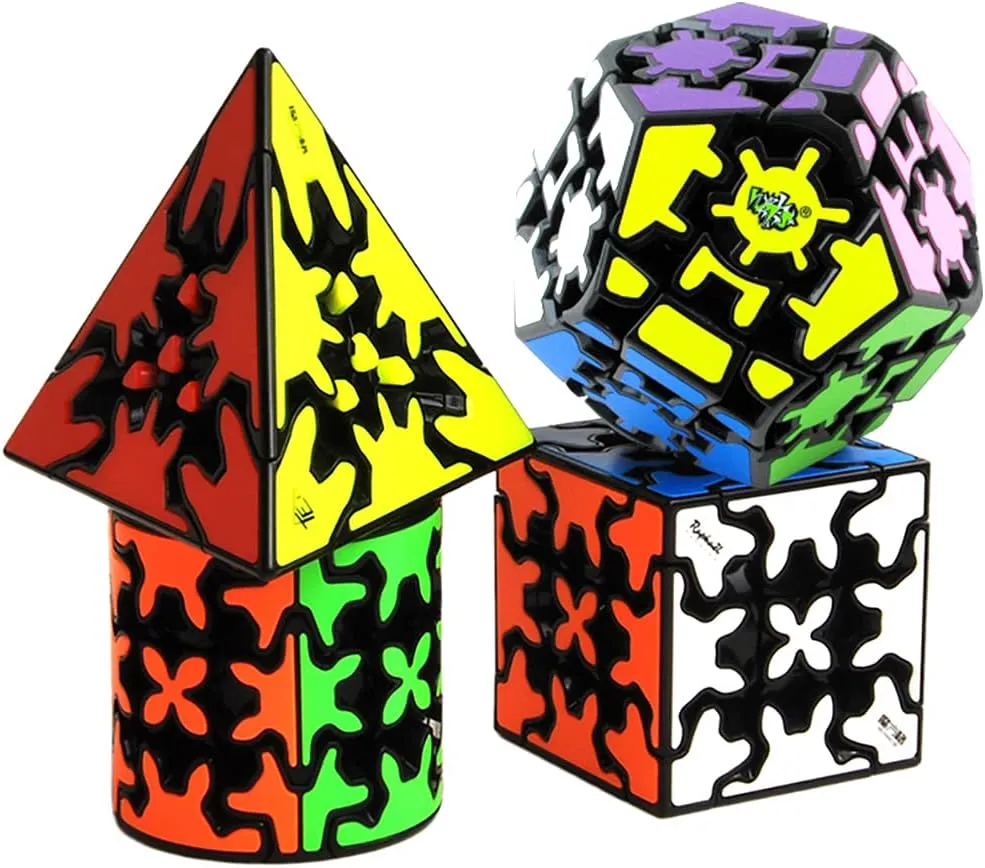 Gear Cube Set, Gear Speed Cube Set of 3x3 Gear Cube Cylindrical Gear Cube Megaminx Gear Cube and Pyraminx Gear Cube Brain Teasers Puzzle Toys 4 Pack