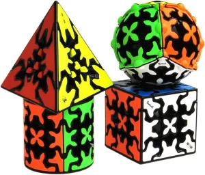 Gear Speed Cube Set, Gear Puzzle Cube Bundle of Gear Pyraminx Cube 3x3 Gear Cube Gear Cylindrical and Ball Cube Puzzle Toys for Kids 4Pcs