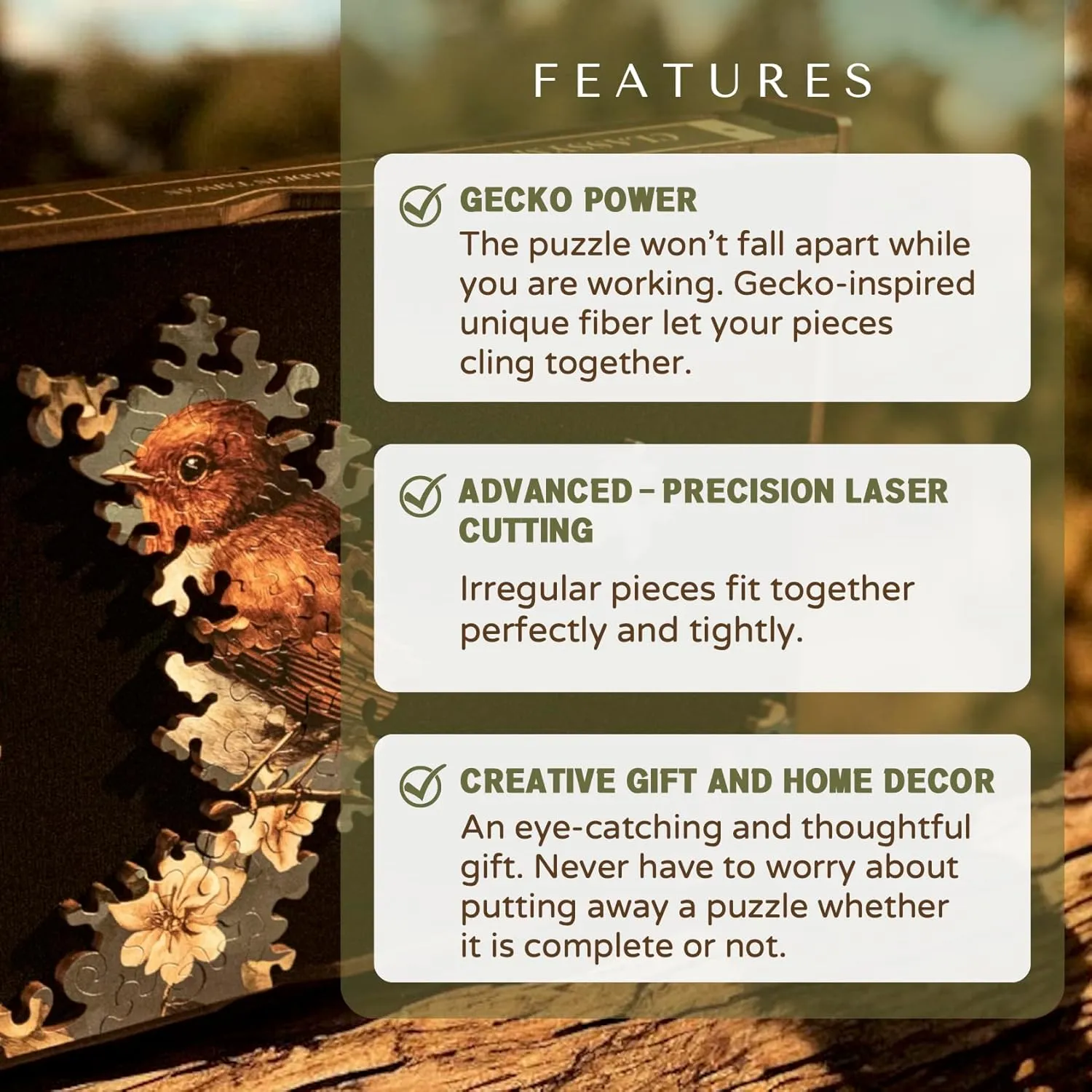 Gecko Power Puzzle with Frame for Adults, 150 Piece Premium Wooden Jigsaw Puzzles, Cool Creative Puzzle Gift, Puzzle Frame Included (Golden Lightfall)