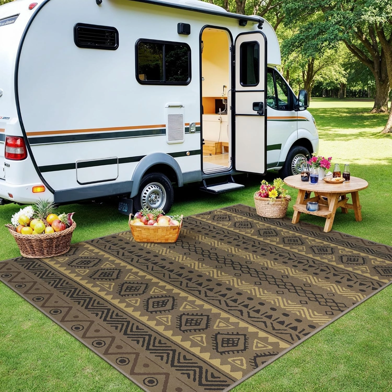 GENIMO Indoor Outdoor Area Rug 5' X 7', Lightweight Washable Patio Rug Non Shedding, Waterproof Outdoor Carpet for Living Room, Bedroom, Balcony, Camping, Dining Room, Deck, RV, Coffee&Beige
