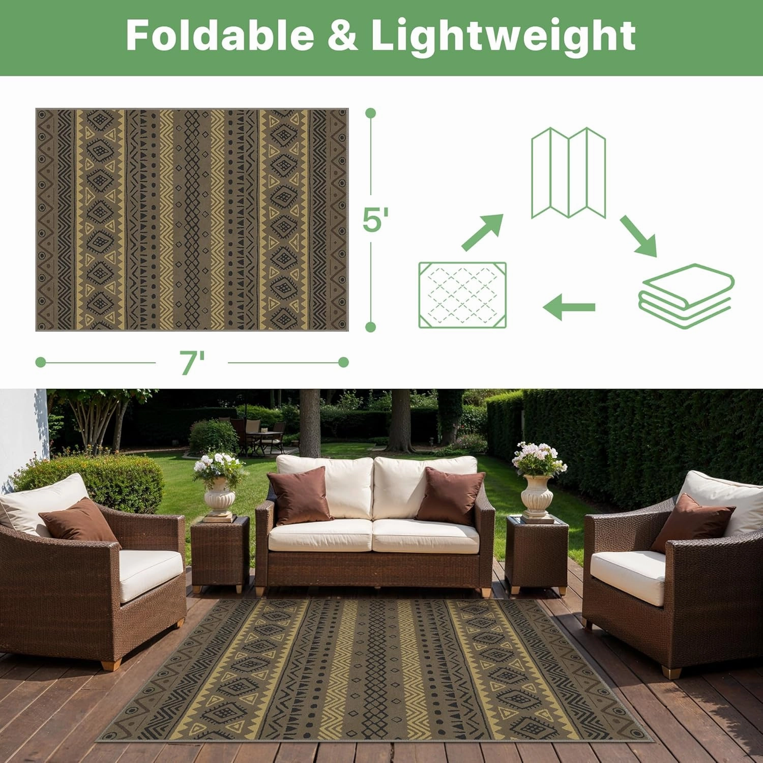 GENIMO Indoor Outdoor Area Rug 5' X 7', Lightweight Washable Patio Rug Non Shedding, Waterproof Outdoor Carpet for Living Room, Bedroom, Balcony, Camping, Dining Room, Deck, RV, Coffee&Beige