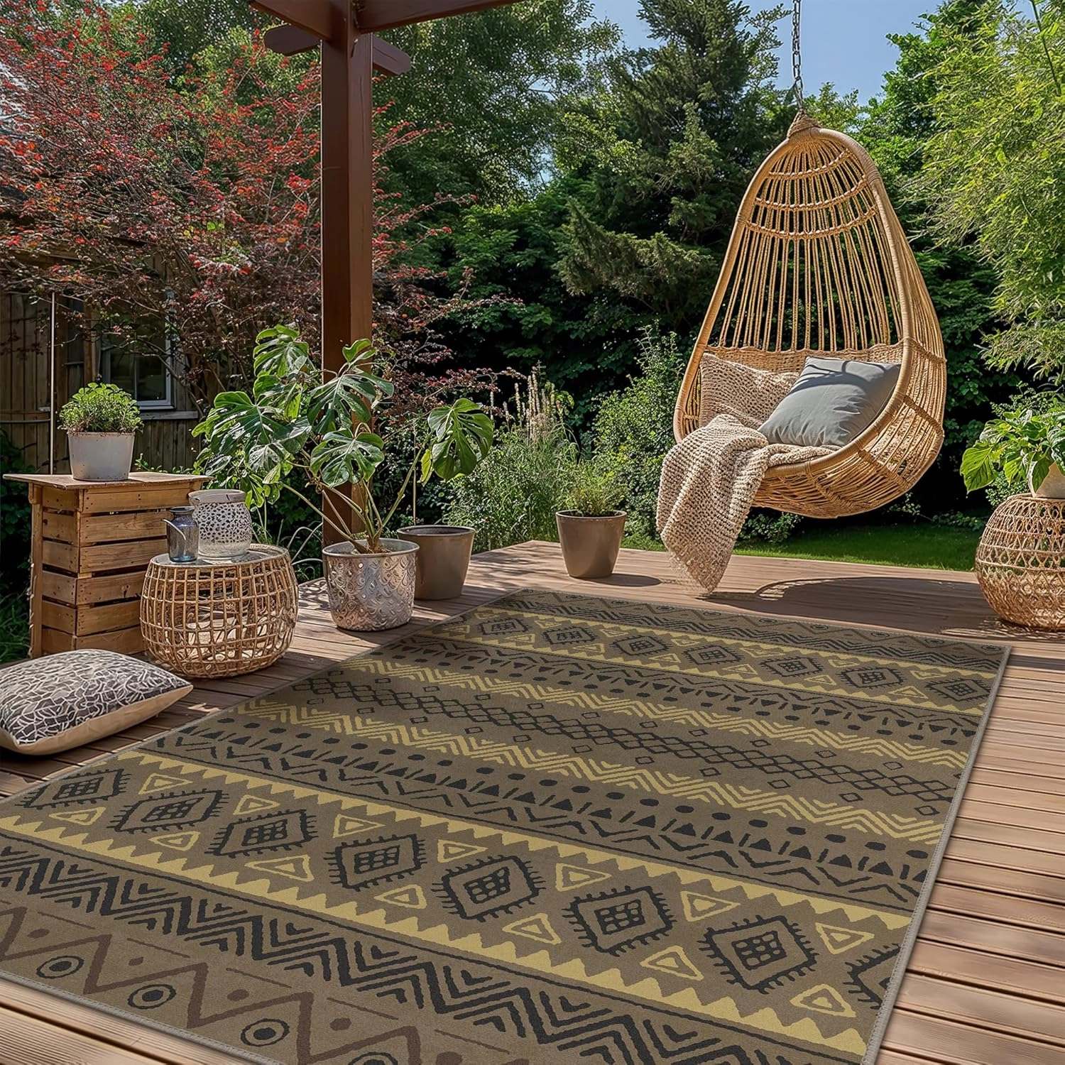 GENIMO Indoor Outdoor Area Rug 5' X 7', Lightweight Washable Patio Rug Non Shedding, Waterproof Outdoor Carpet for Living Room, Bedroom, Balcony, Camping, Dining Room, Deck, RV, Coffee&Beige