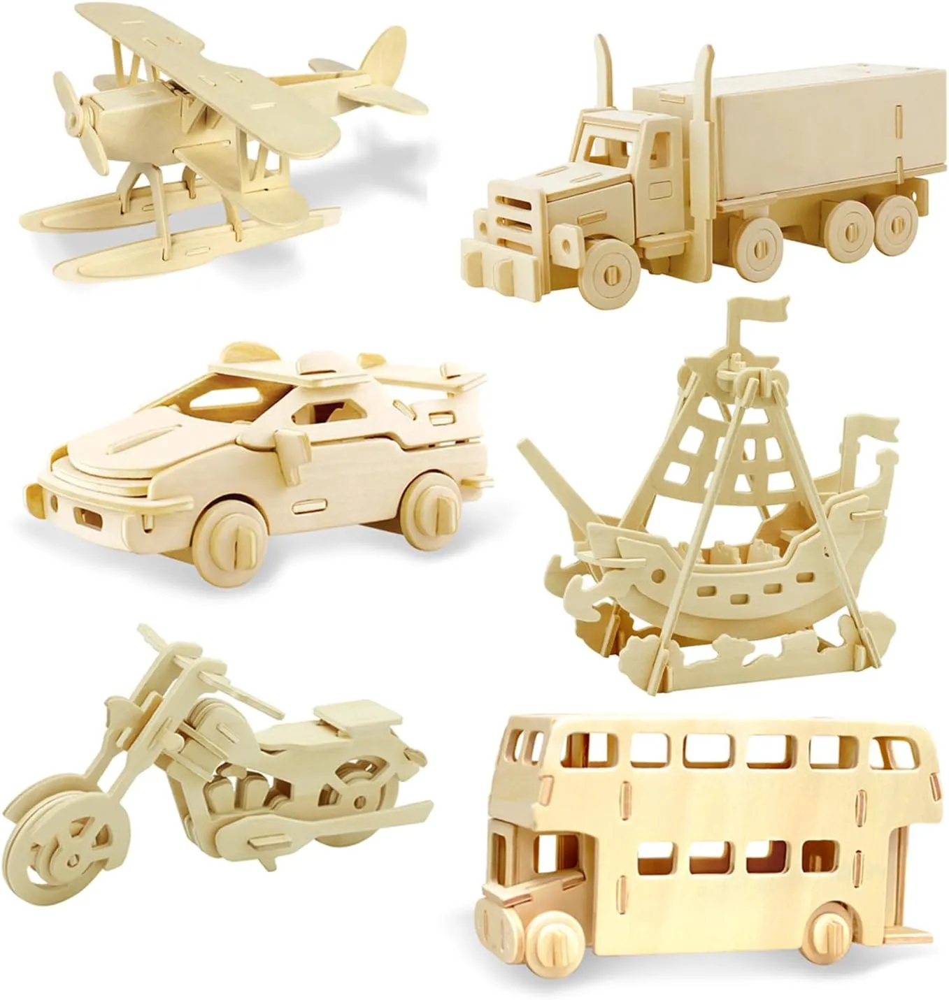 Georgie Porgy 3D Wooden Puzzles for Kids Toys Construction Woodcraft Kits DIY Model Puzzle Kits Birthday Gifts Pack of 6 (Airplane Bus Sports Car Pirate Ship Truck Motorcycle)