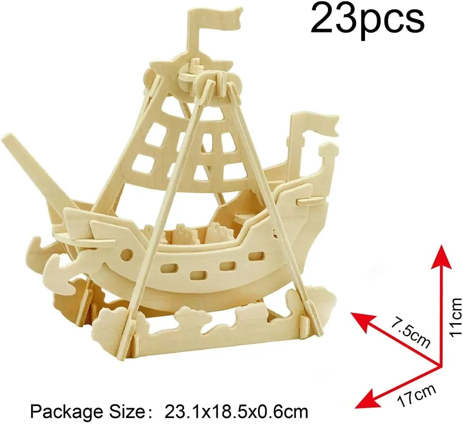 Georgie Porgy 3D Wooden Puzzles for Kids Toys Construction Woodcraft Kits DIY Model Puzzle Kits Birthday Gifts Pack of 6 (Airplane Bus Sports Car Pirate Ship Truck Motorcycle)
