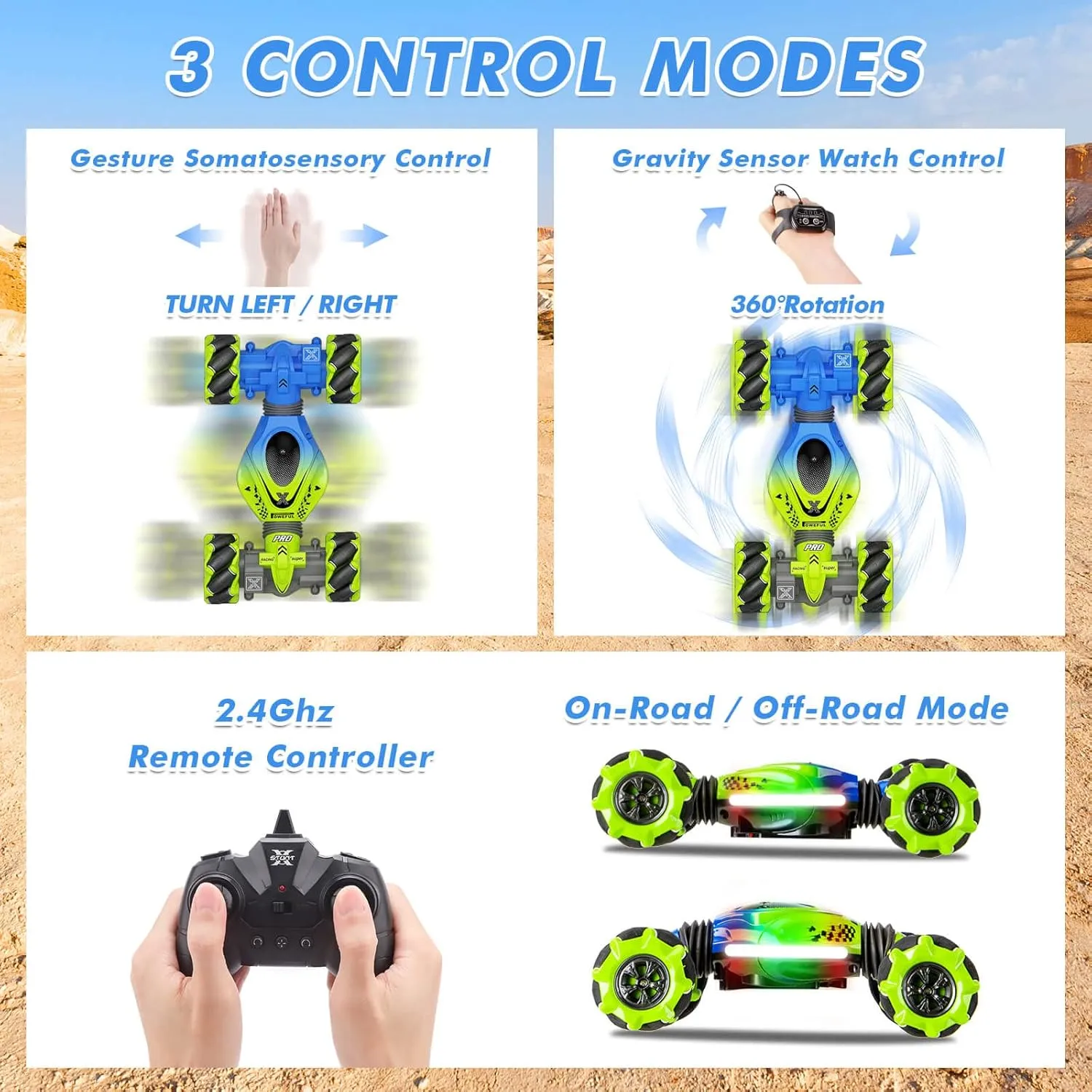 Gesture RC Car, 2.4GHz 4WD Gesture Sensing RC Stunt Car Toys for 6-12 Years Old Boys Girls, Hand Controlled Remote Drift Twist Offroad 360° Rotation with Lights Music for Birthday Gifts
