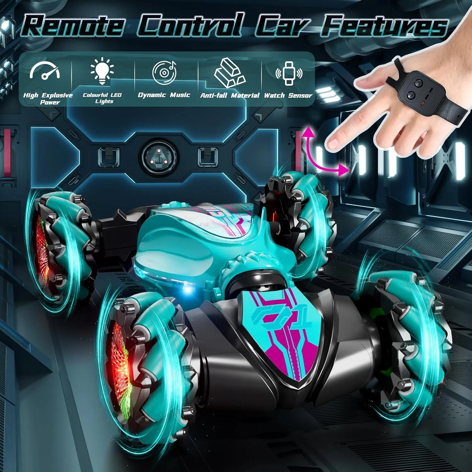 Gesture Sensing Rc Stunt Car, Hand Controlled RC Car Toys, 2.4GHz 4WD Gesture Sensing with Light & Music, 360° Rotation Remote Control Twist Toy for Boys Girls 8 yr, Birthday Gifts for Kids