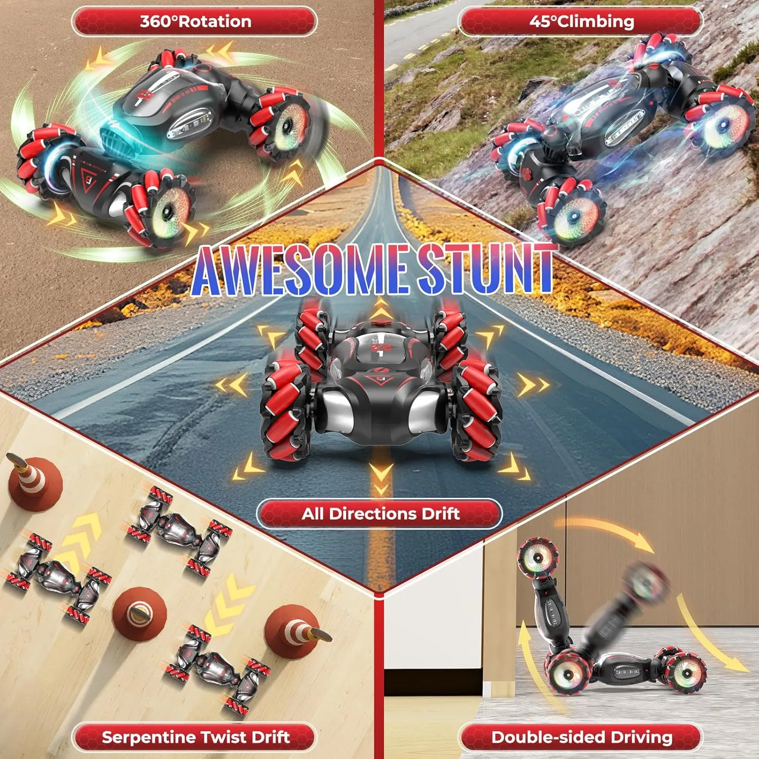 Gesture Sensing RC Stunt Car Toys for 6-12 Boys Girls, Birthday Gifts for Kids, 2.4Ghz 4WD Hand Controlled RC Car with Light & Music & Spray, Double-Sided 360° Rotating