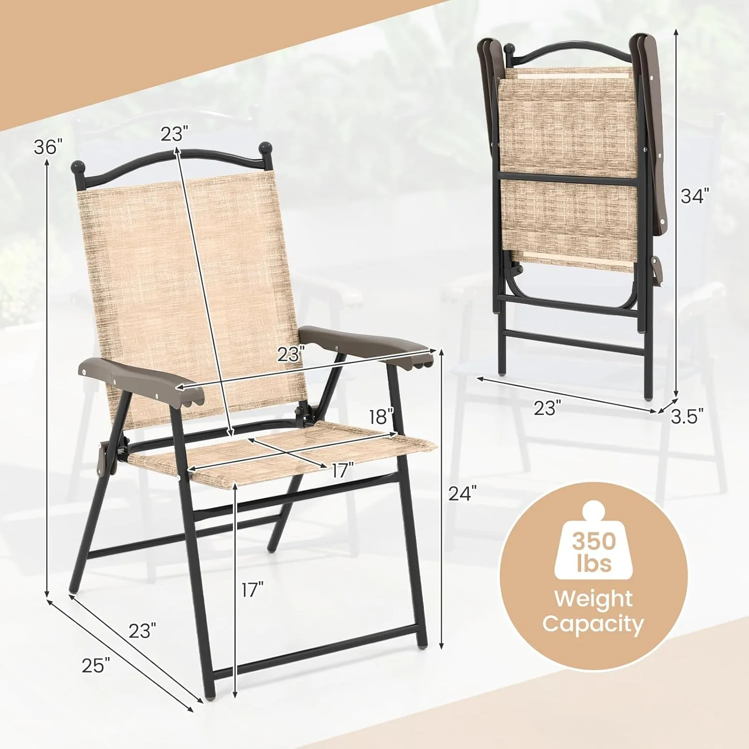 Giantex Set of 2 Patio Folding Chairs, Outdoor Patio Dining Chairs w/Armrest, Sling Back, Metal Frame, Outside Use for Lawn Camping Garden Pool Beach Yard Lounge, No Assembly, Yellow