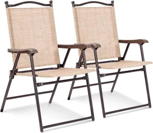 Giantex Set of 2 Patio Folding Chairs, Outdoor Patio Dining Chairs w/Armrest, Sling Back, Metal Frame, Outside Use for Lawn Camping Garden Pool Beach Yard Lounge, No Assembly, Yellow