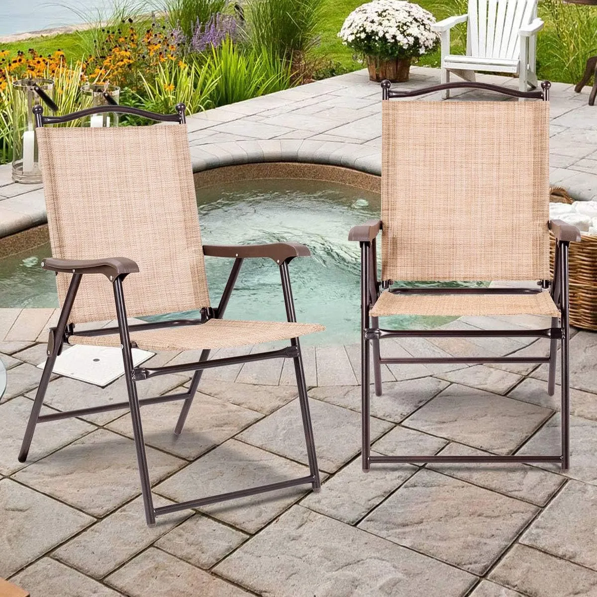 Giantex Set of 2 Patio Folding Chairs, Outdoor Patio Dining Chairs w/Armrest, Sling Back, Metal Frame, Outside Use for Lawn Camping Garden Pool Beach Yard Lounge, No Assembly, Yellow