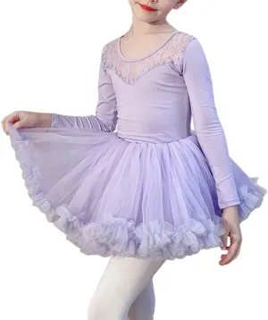 Girls Ballet Dance Outfits Long Sleeve Lace Leotards Tutu Fluffy Skirt Ballerina Dress for Toddler